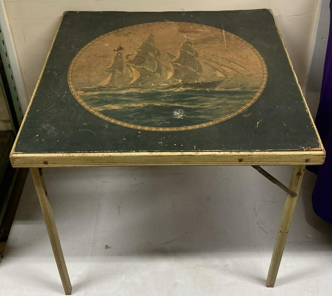 Vintage Wooden Folding Game Table with Ship Design (1 of 11)