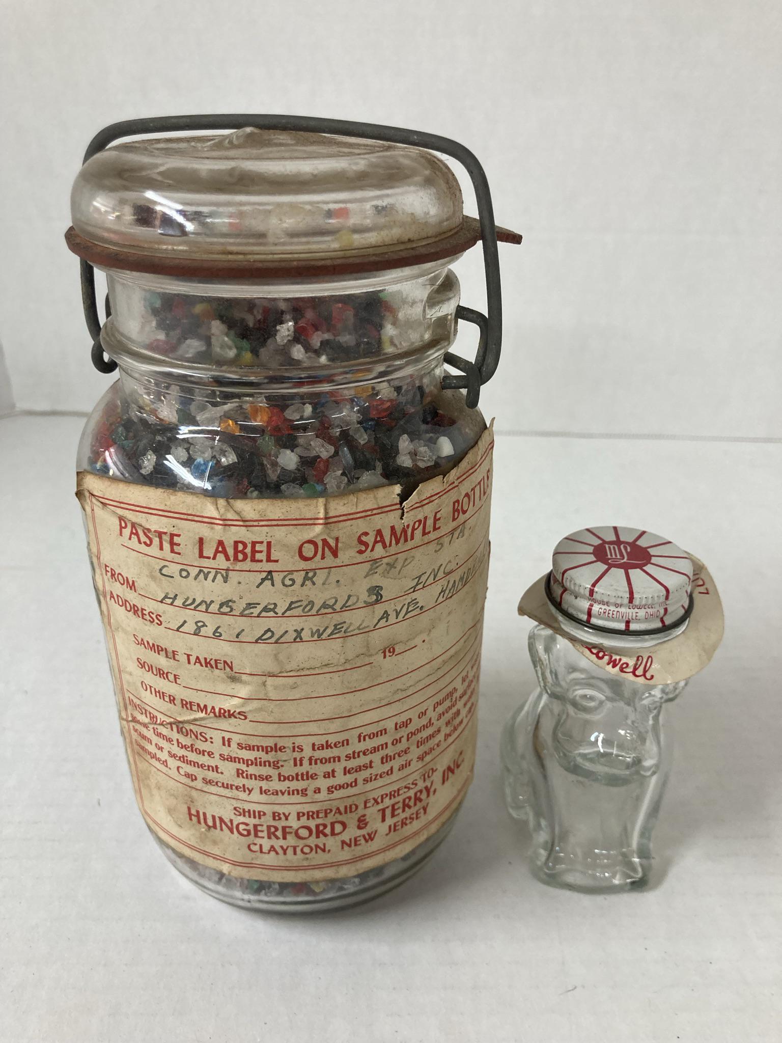 Vintage Mary Lowell Dog Bottle of Luxury Bubbles and Atlas Jar full of glass pieces: Vintage Mary Lowell Dog Bottle of Luxury Bubbles and Atlas Jar full of glass pieces