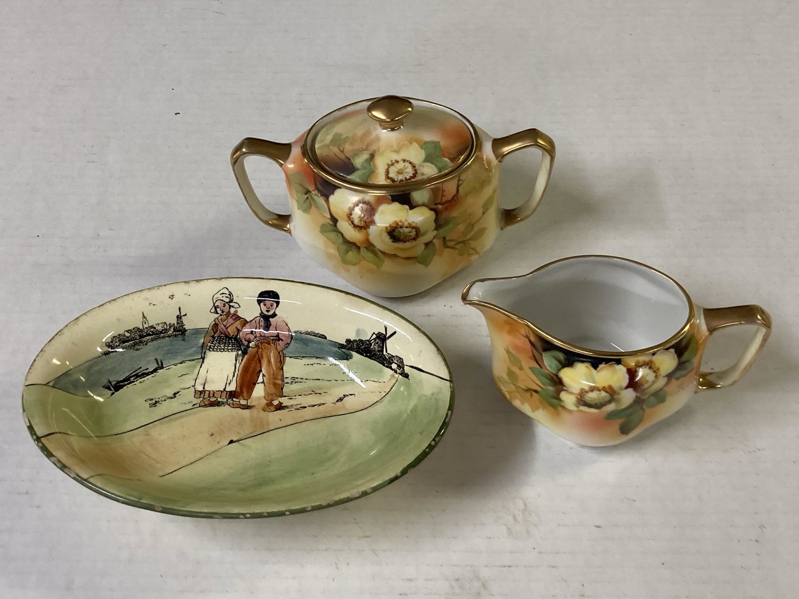 Vintage Nippon Hand Painted and Signed W.Rose Cream and Sugar Set and Baden Dish: Vintage Nippon Hand Painted and Signed W.Rose Cream and Sugar Set and Baden Dish