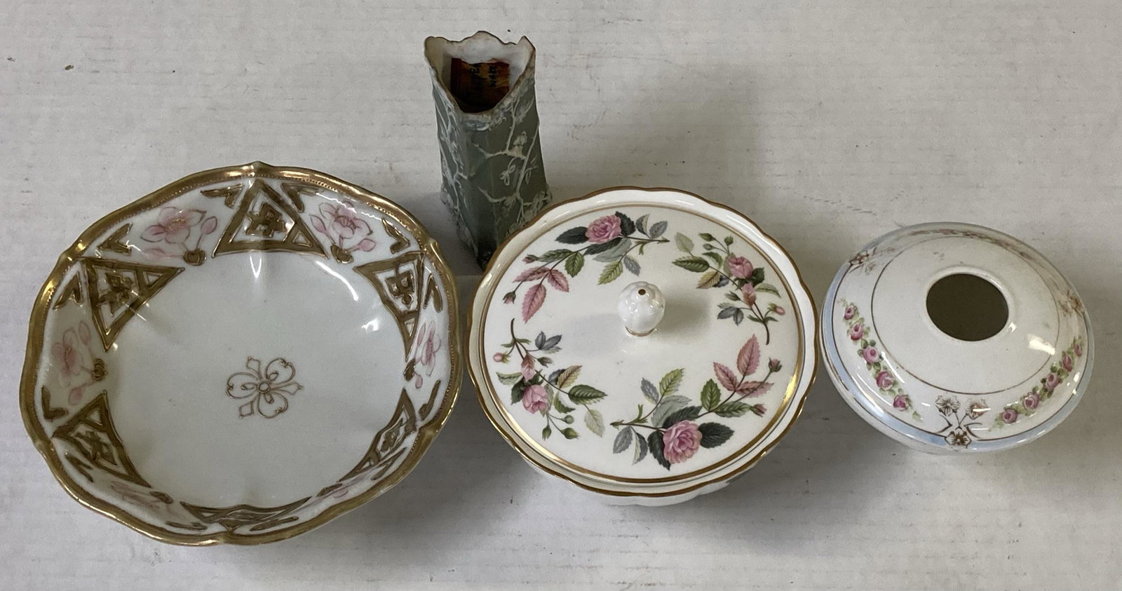 Vintage Nippon Hand Painted Hatpin holder and bowl & Wedgewood Dish: Vintage Nippon Hand Painted Hatpin holder and bowl & Wedgewood Dish