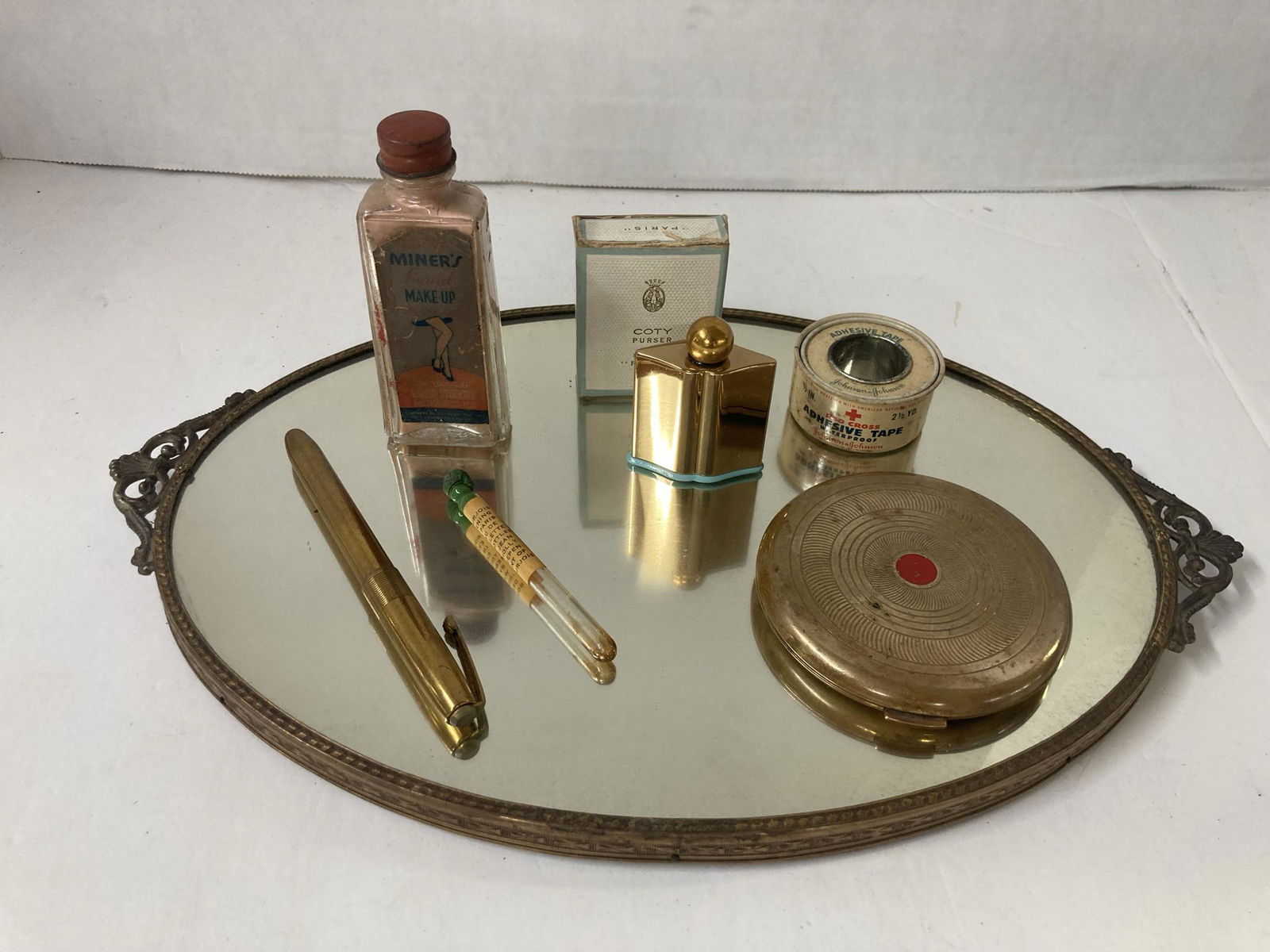 Vintage Coty Purser Parfum Brass Bottle and Compact, Miners Liquid Make-up Jar, Mirror Display and (1 of 18)