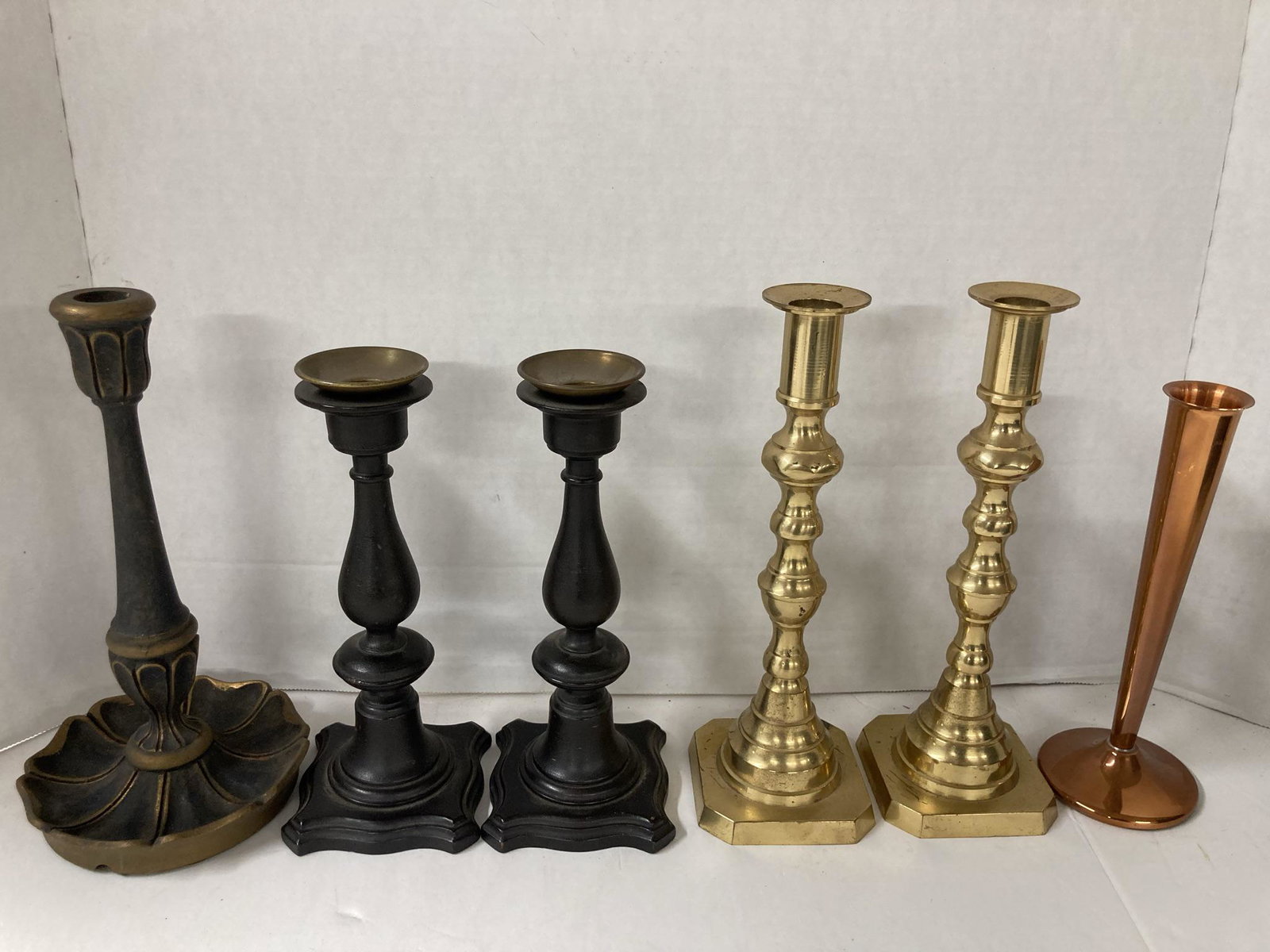 Vintage Lot of Candle Holders, Brass-Japan, Wood, and Copper: Vintage Lot of Candle Holders, Brass-Japan, Wood, and Copper