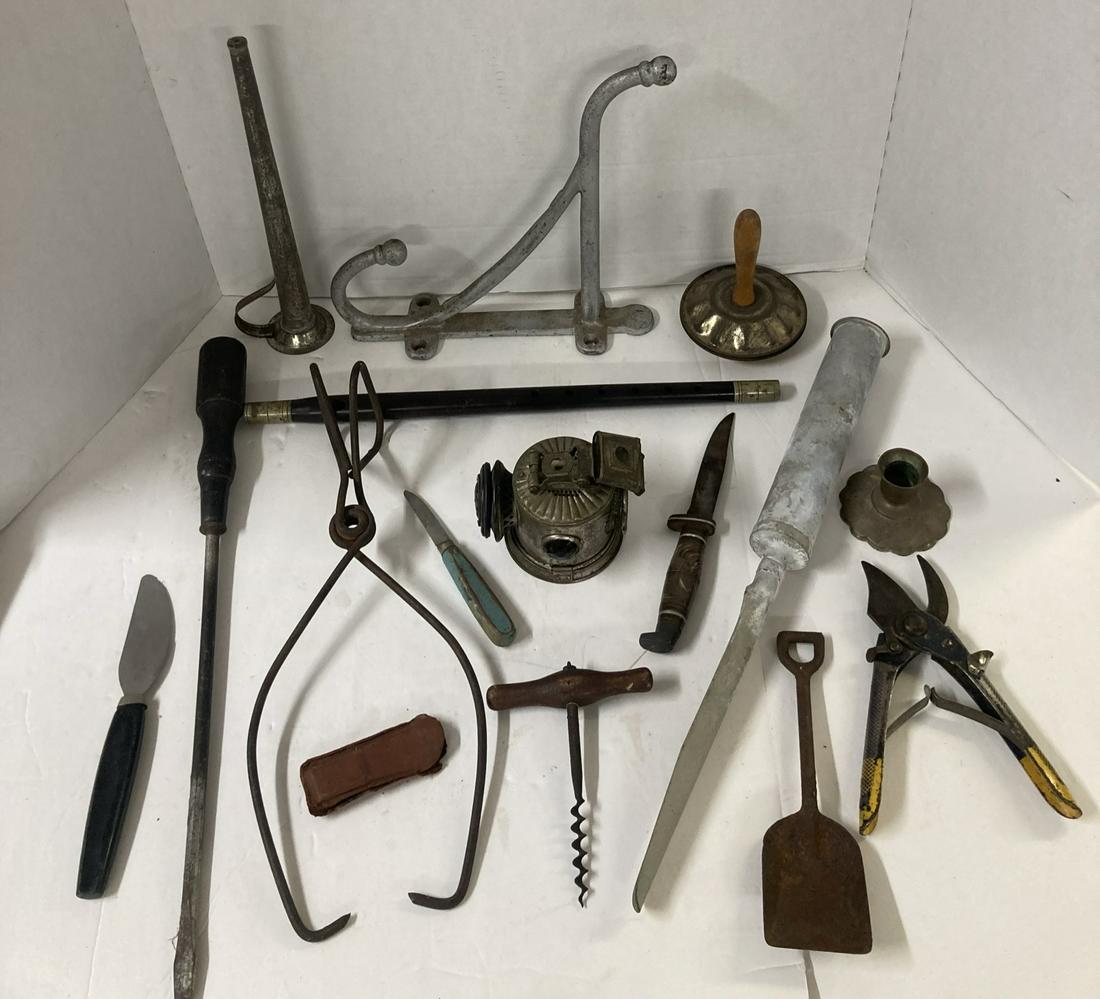 Large Lot of Vintage Items, Including Brass Search Light, Metal Hanging Hook, Knives, Tongs Etc. (1 of 11)