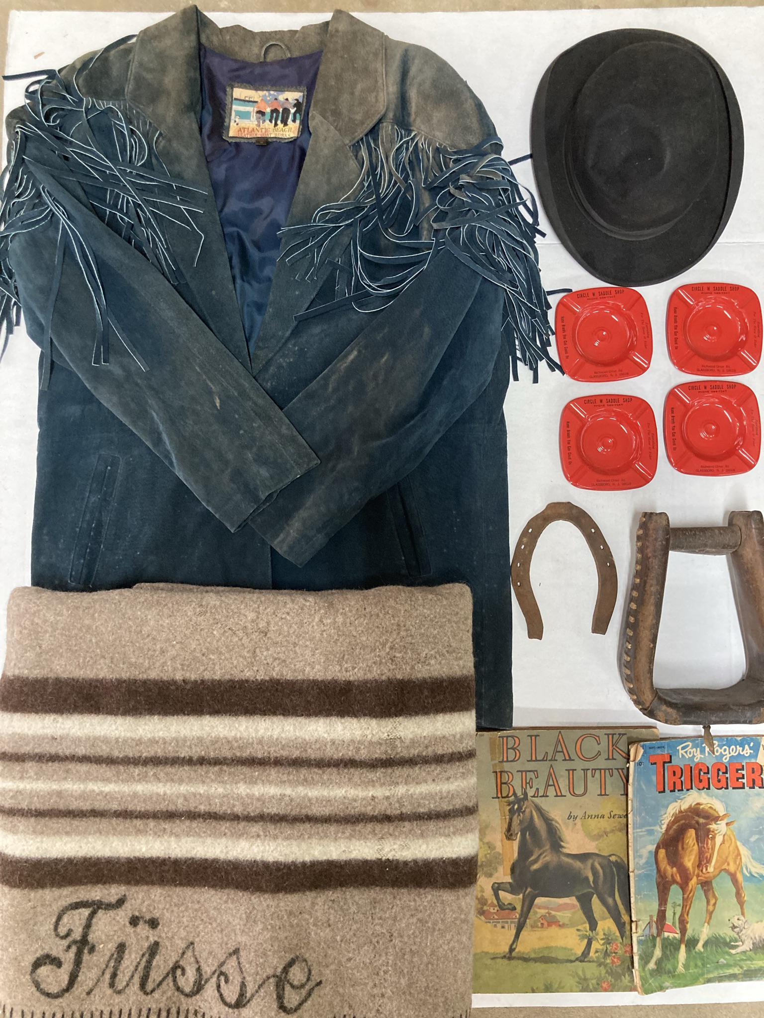 Lot of Vintage Western Items Including: Horse Blanket, Hat, Stirrup, Suede Jacket, and Comics (1 of 12)