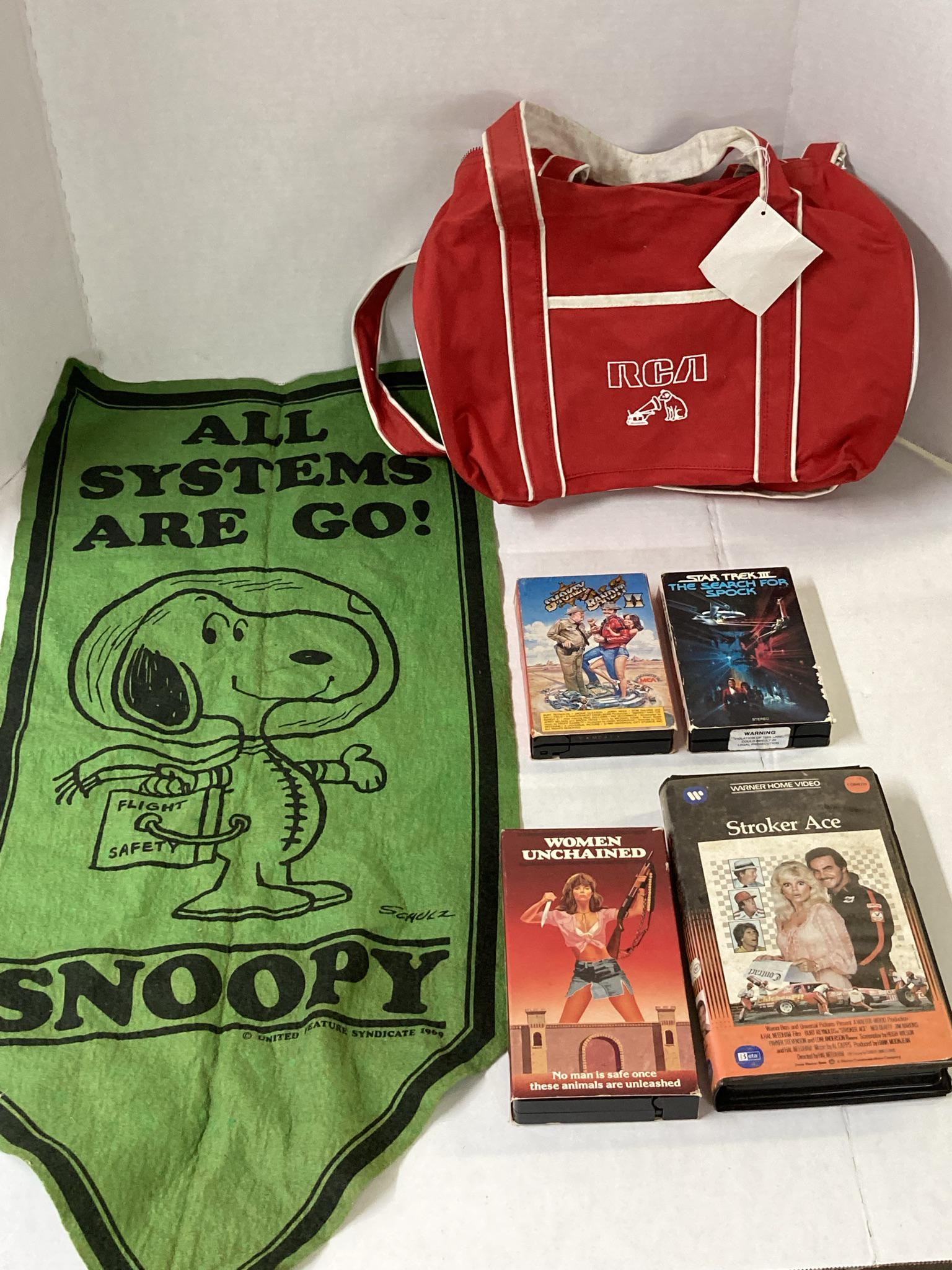 Lot of Vintage Items including RCA duffle bag, Vintage Videos and Snoopy Banner: Lot of Vintage Items including RCA duffle bag, Vintage Videos and Snoopy Banner
