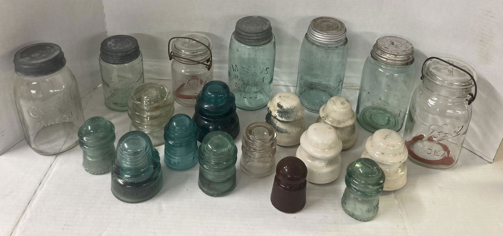Large Lot of vintage telephone pole insulators and Mason Jars (1 of 9)