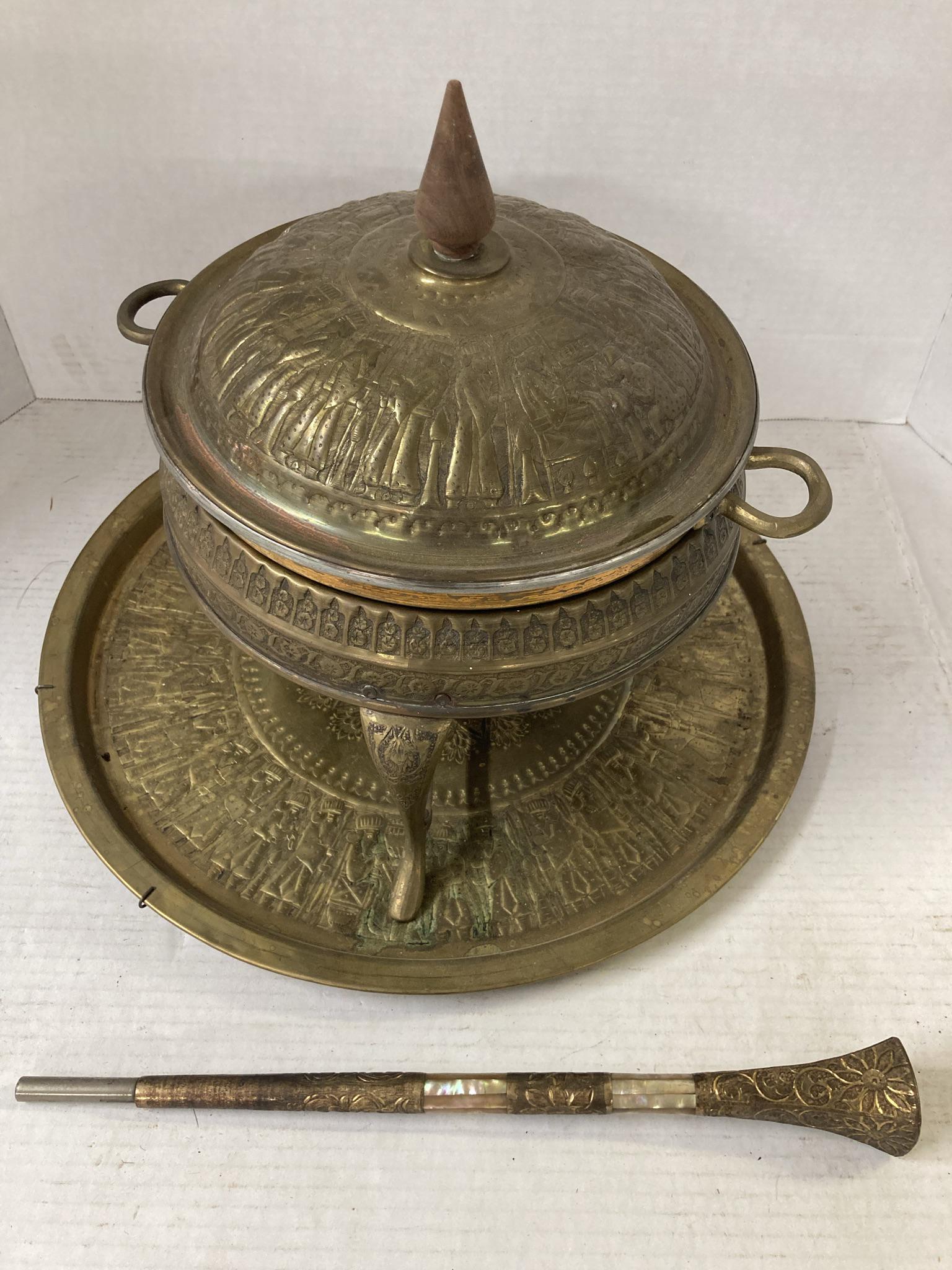 Vintage Brass Nader Fondue Pot with Persian Decorative Etching and Brass/ Mother of Pearl Handle (1 of 14)