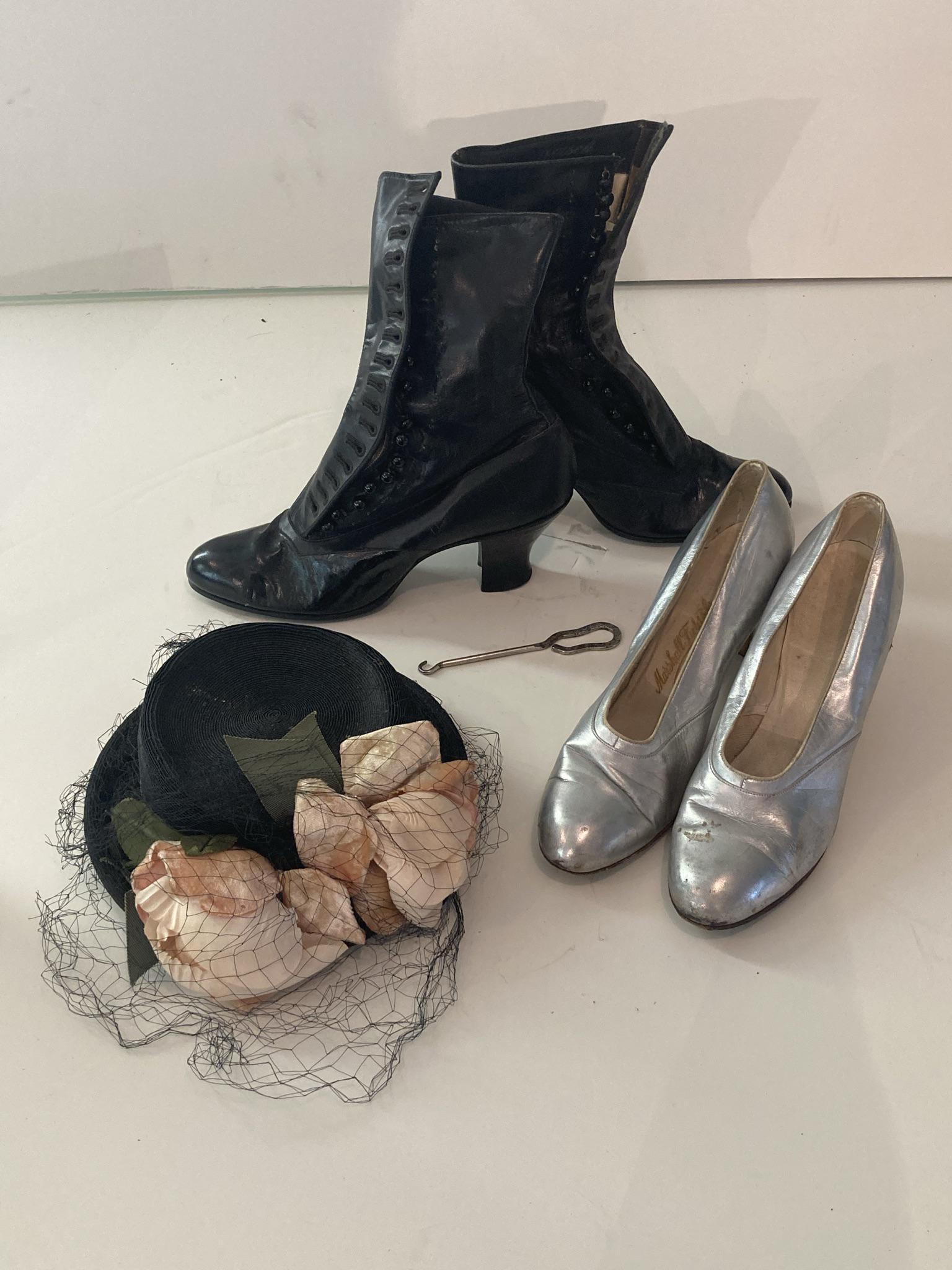 Lot of Vintage Ladies Accessories including Leather Boots, Leather Pumps, and Phil Strann Hat: Lot of Vintage Ladies Accessories including Leather Boots, Leather Pumps, and Phil Strann Hat
