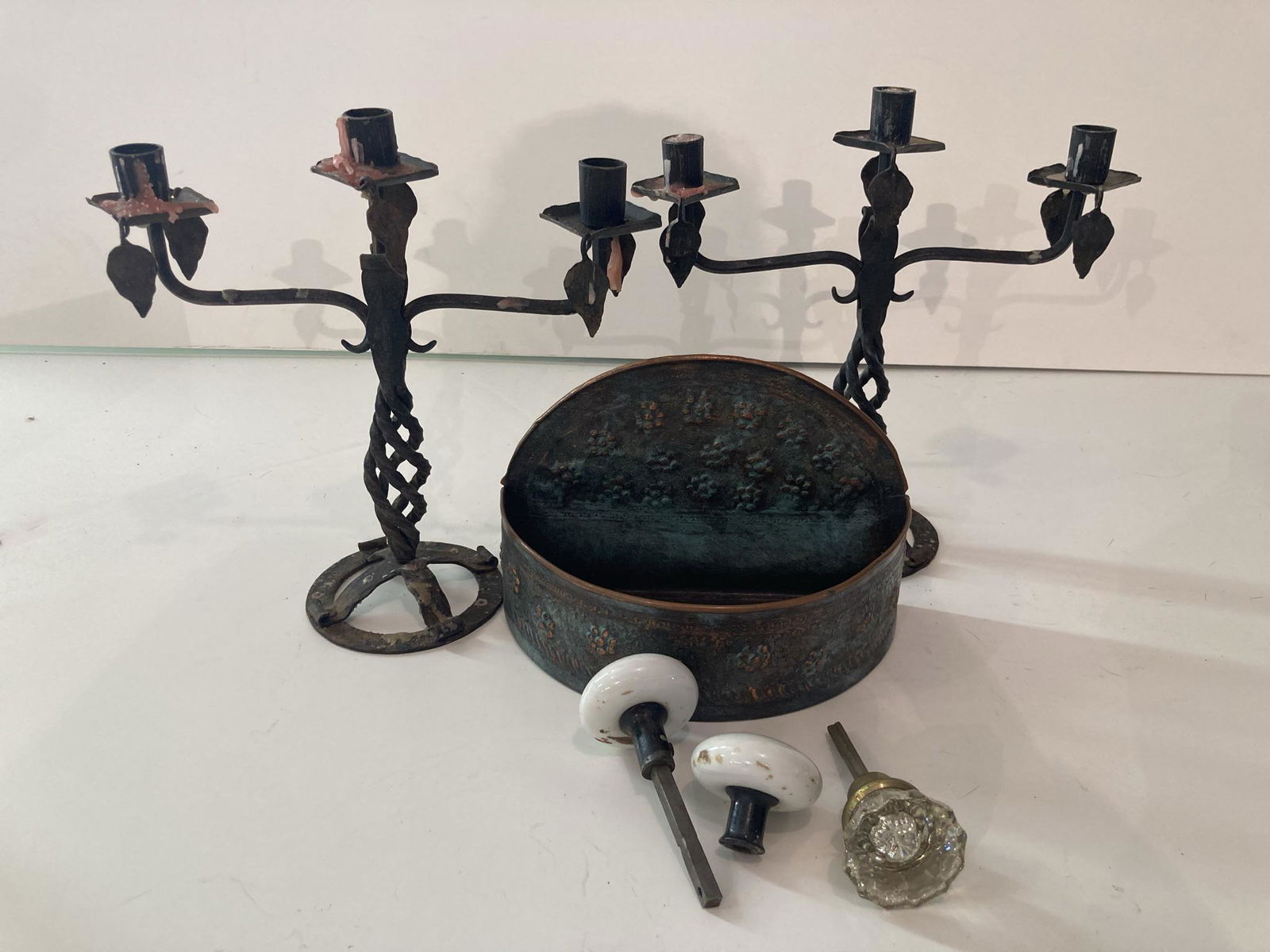 Lot of Vintage Metal Items, Including Candelabras, Bin, and Victorian Doorknobs (1 of 13)
