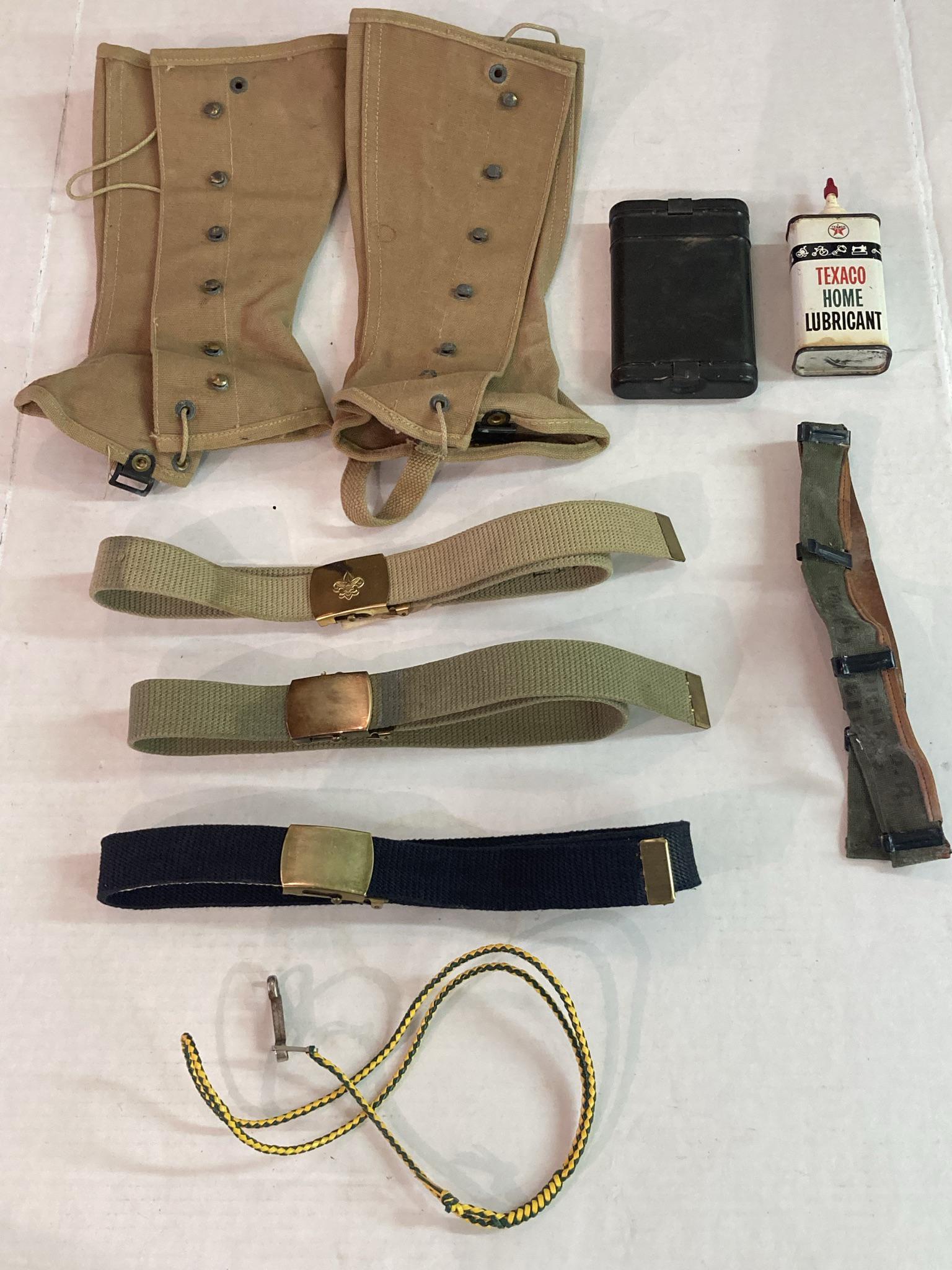 Vintage Military Gun/Rifle Cleaner Kit, Uniform Belts, and Texaco Advertising Can (1 of 7)