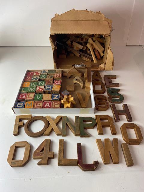 Lot of Antique Wood Blocks: Lot of Antique Wood Blocks. Cube Blocks, Alphabet Shape, Building, etc