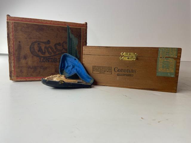 Lot of Antique Cigar & Tobacco Boxes and Bone Pipe: Lot of Antique Cigar & Tobacco Boxes and Bone Pipe. Cinco Londres, Havana Brown.