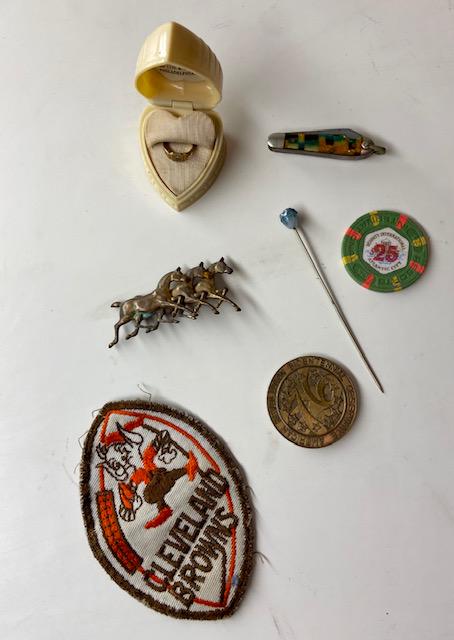 Lot of Curious items including Cleveland Browns Patch, 10k baby ring, small pocket knife, horse pin, (1 of 5)