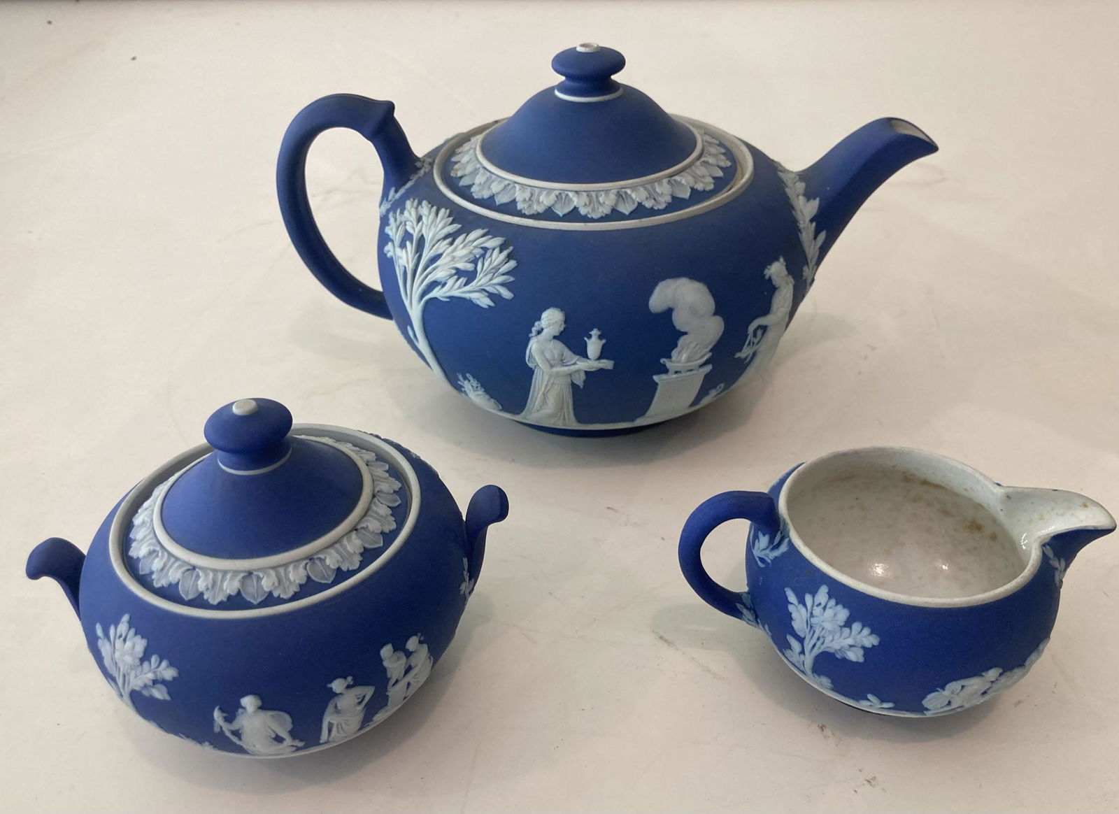 Vintage 3 Piece Wedgewood Cobalt Blue Jasperware Teapot, Creamer, Covered Sugar (1 of 15)