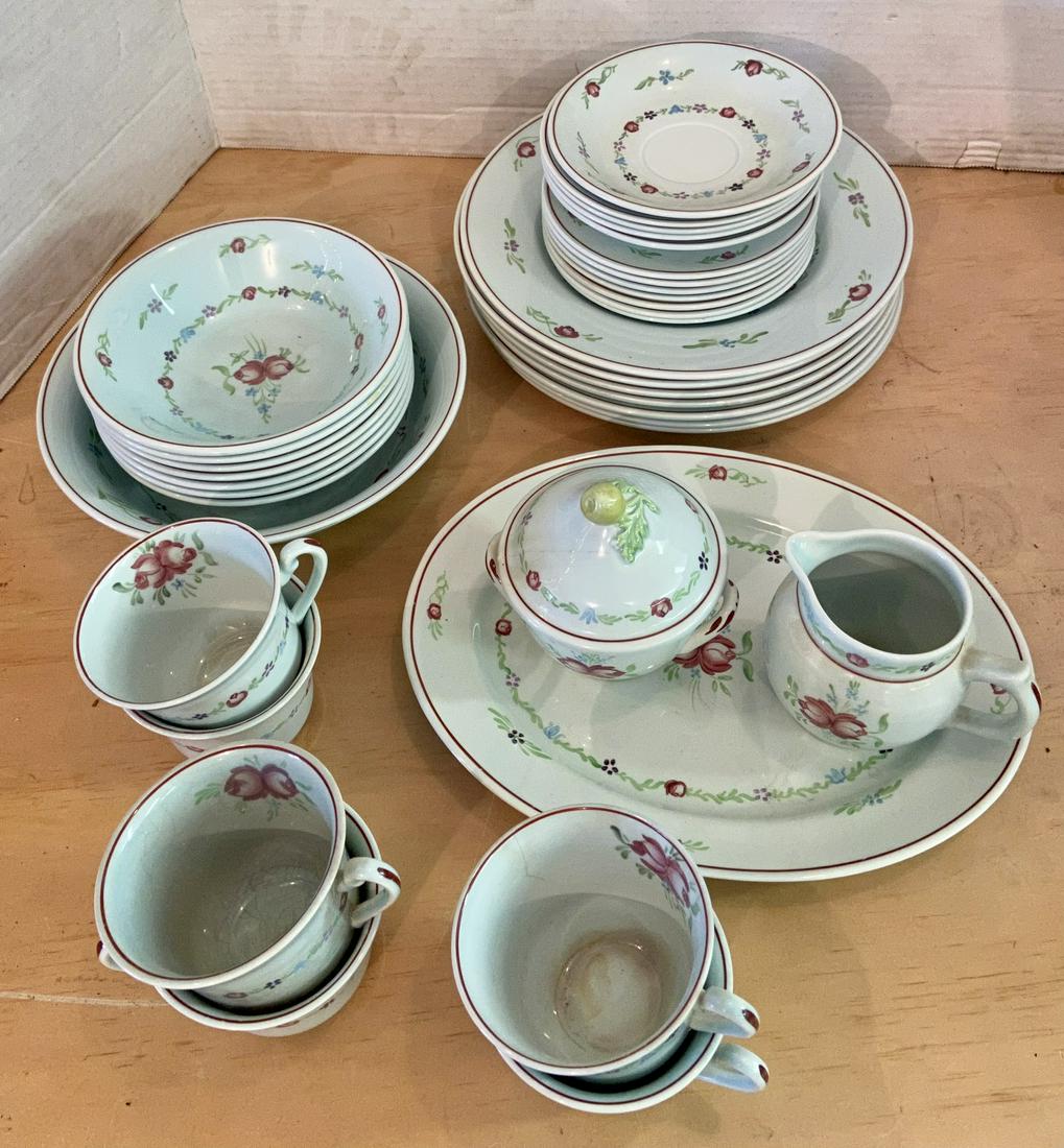 Hand Painted Mid 18th Century Style Dish Set: Hand Painted Mid 18th Century Style Dish Set - 9" bowl, 7 10" dishes, 1 11" serving dish, 1 creamer, 1 sugar bowl, 6 cups, 5 saucers, 7 dishes & 7 bowls.