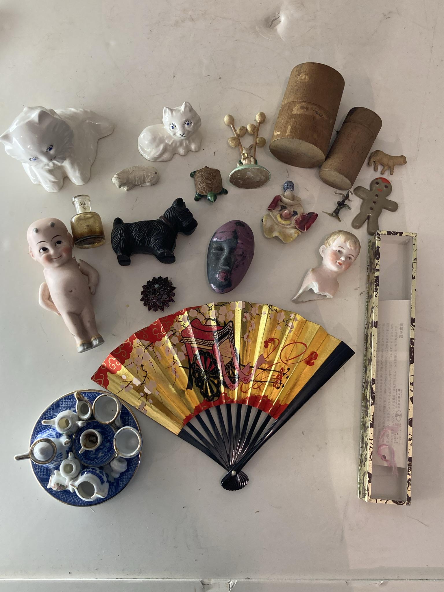 Lot of Curious items, Japanese Fan, Miniature Tea Set, Porcelain Kewpie Doll, Brooch (1 of 13)