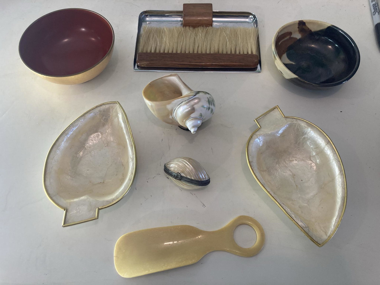 Vintage Lot of Curious Items including Seashell trinket box, MCM Wooden and Metal dust sweeper and (1 of 15)