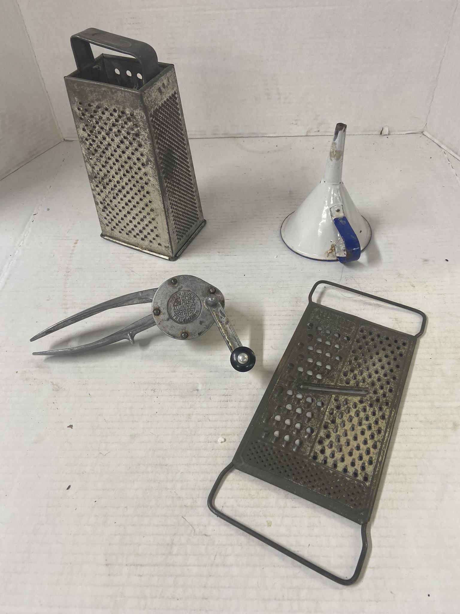 Variety of Old Kitchen Accessories including graters, can opener, & funnel: Variety of Old Kitchen Accessories including graters, can opener, & funnel
