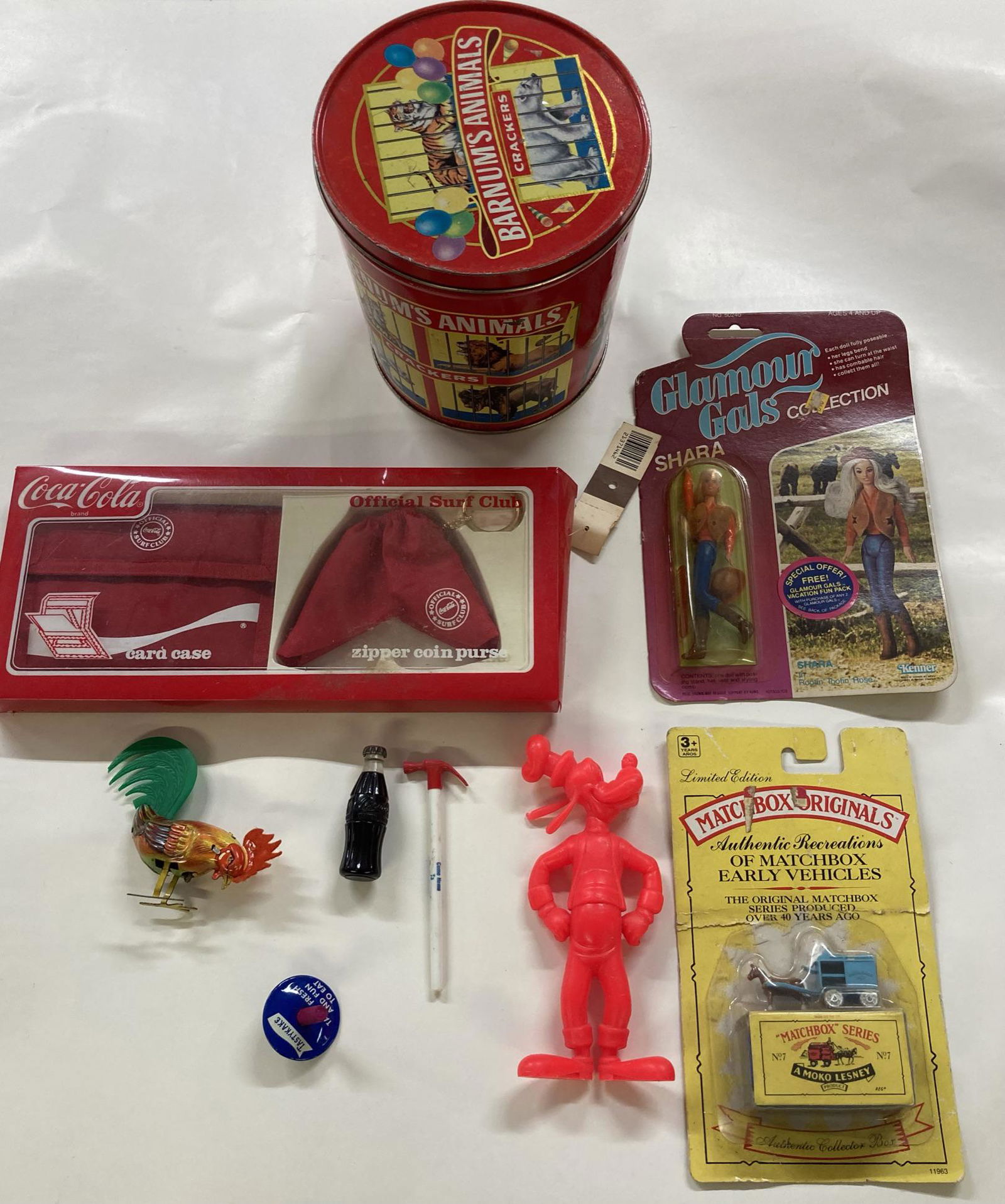 Lot of Vintage Toys including Tin Rooster, Matchbox Original, and Glamour Gal, and Coca- Cola (1 of 10)