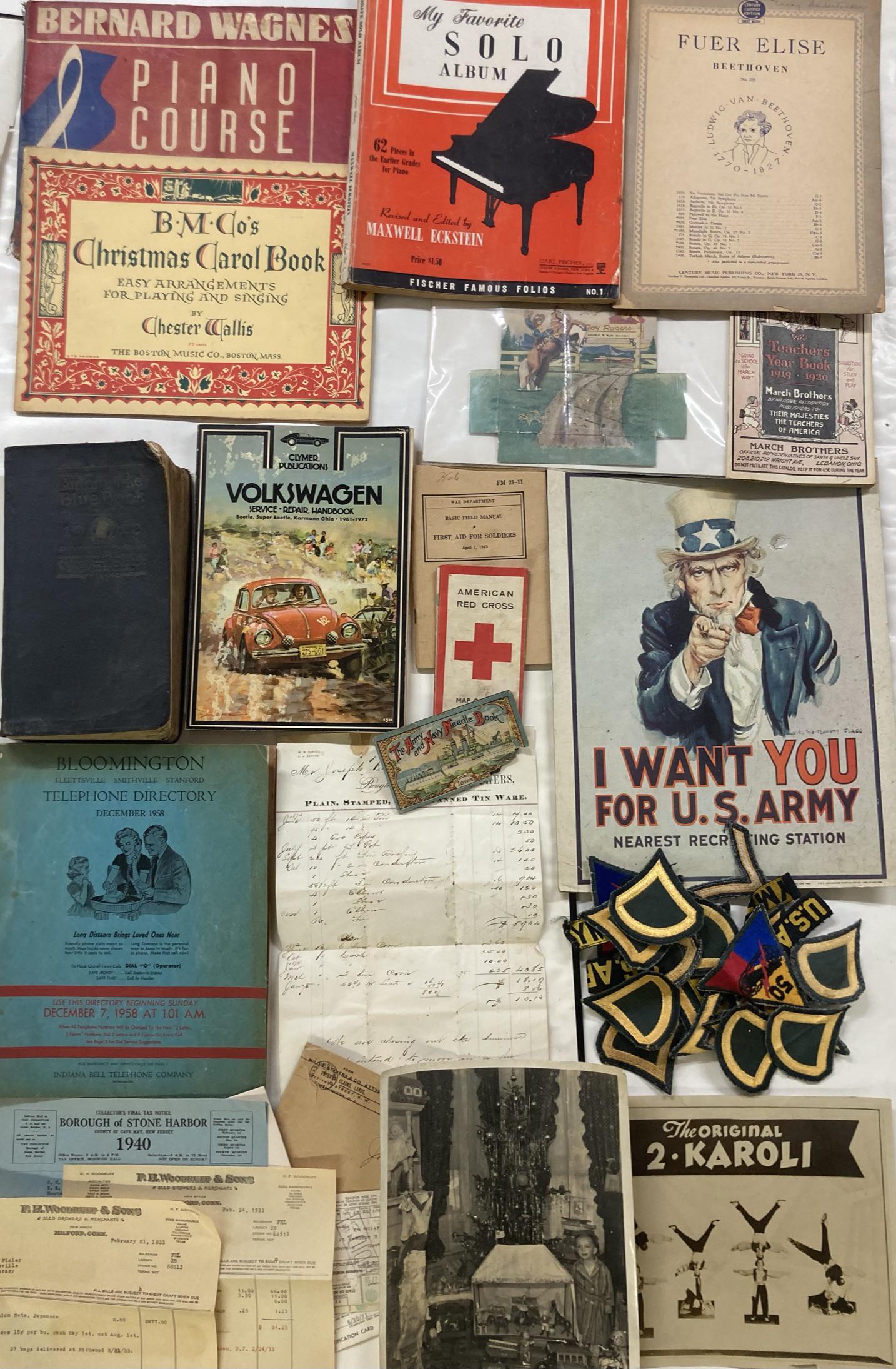 Lot of ephemera, Photograph, Vintage Kelly Blue Book, Piano Music, and Patches (1 of 10)