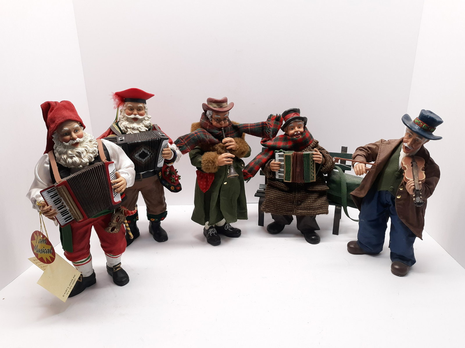 Christmas Musicians: 2 Kurt Adler Christmas musicians and set of 3 Possible Dreams musicians, violist's bow is broken