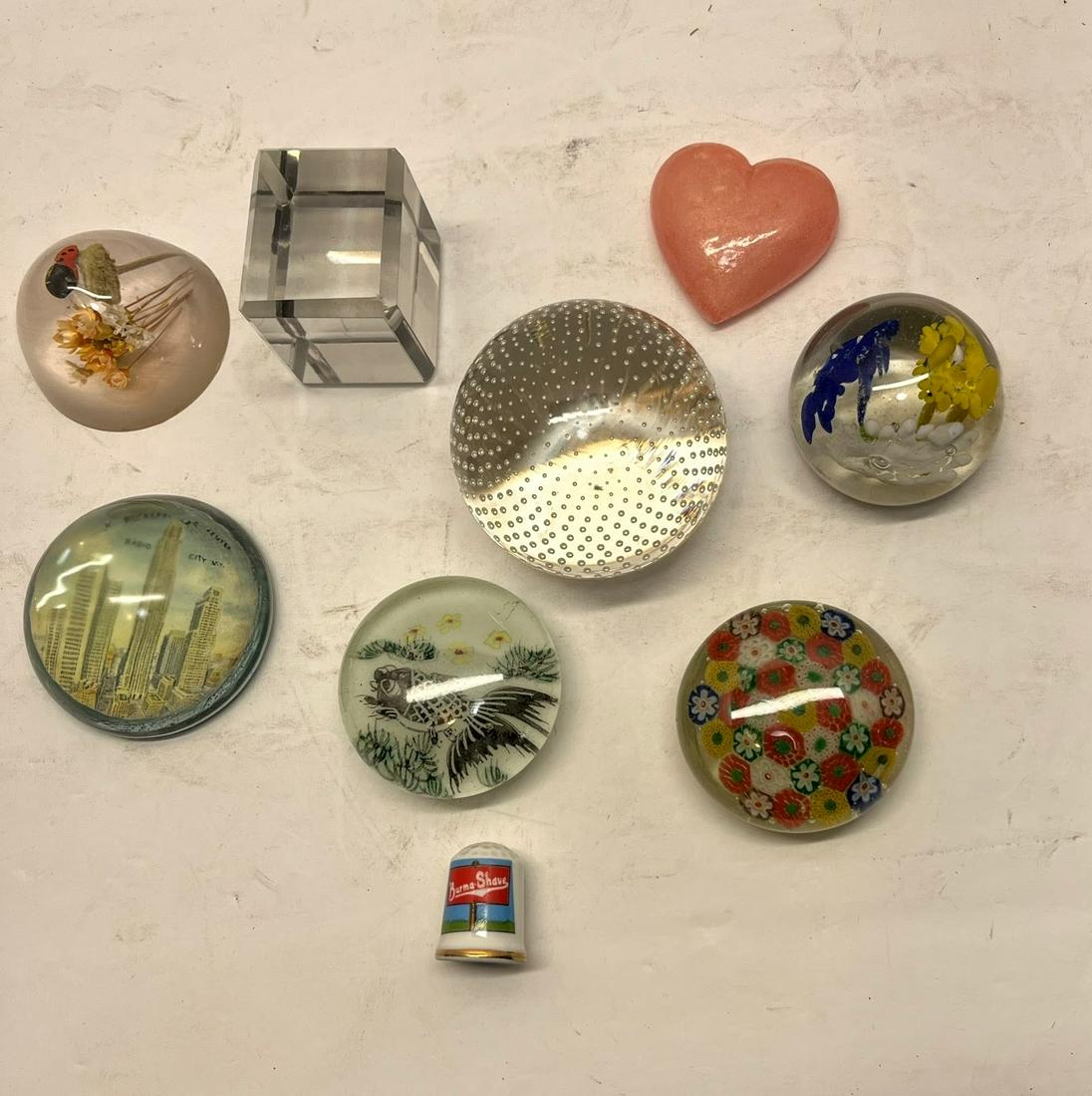 Paperweights and Advertising Thimble: Assorted Paperweights, alabaster heart and Burma Shave thimble