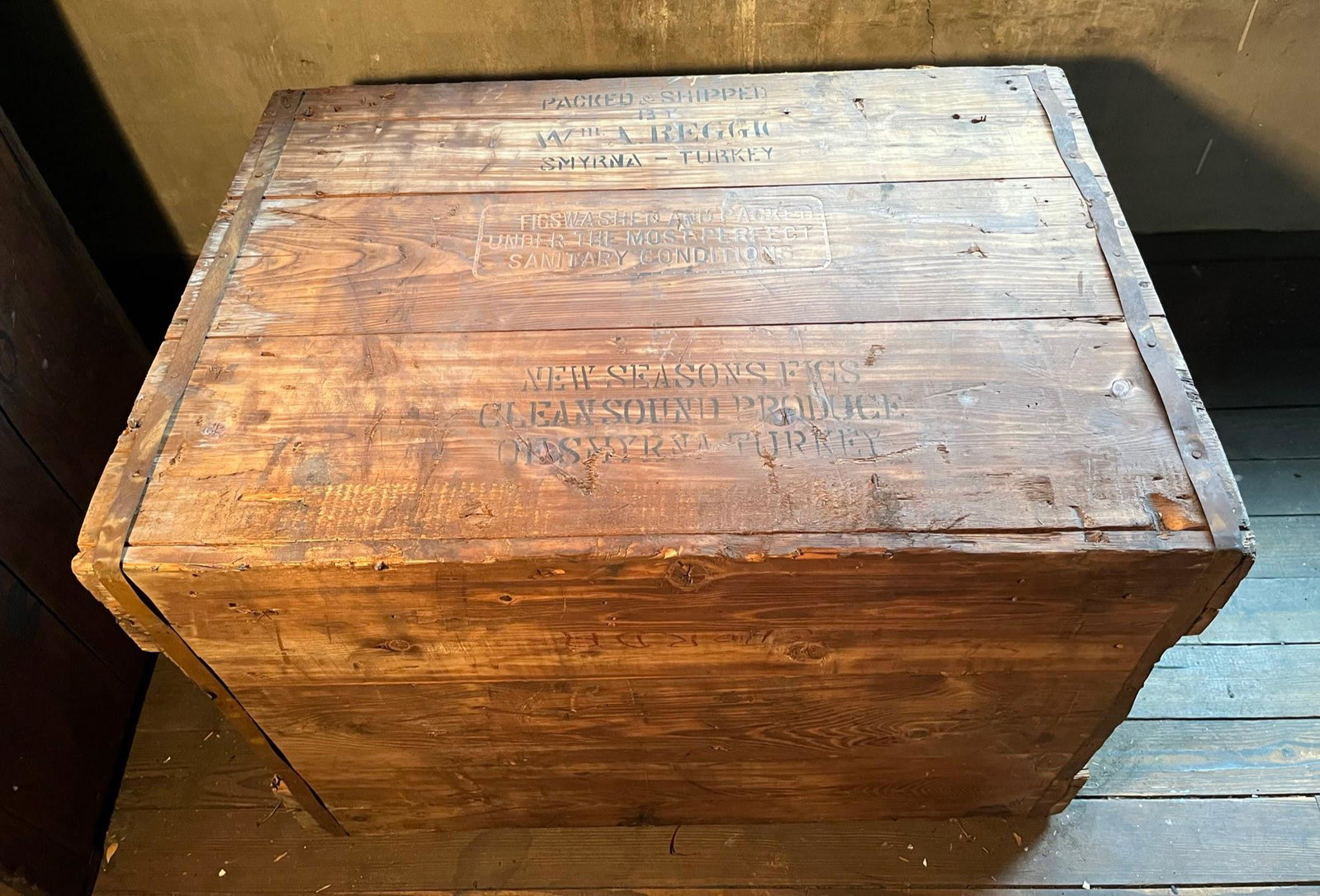Vintage Wooden Fig Crate: Vintage wooden fig crate marked Produce of Turkey Crop 1935, 31" x 22" x 22"