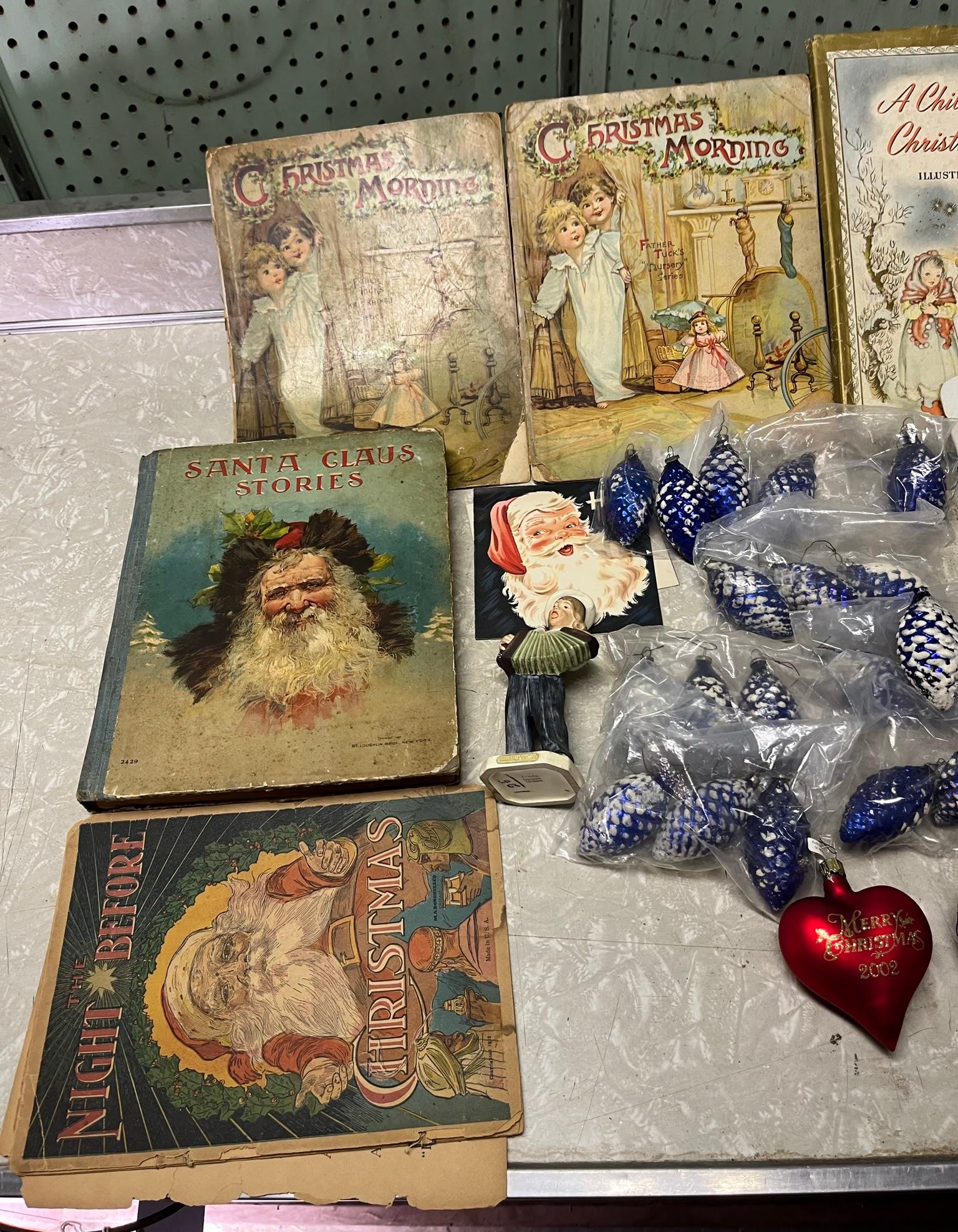 Vintage Christmas Books, Byers Caroler Santa and Ornaments: Vintage Children's Christmas books, blue pine cone ornaments, Byers Caroler Santa and more