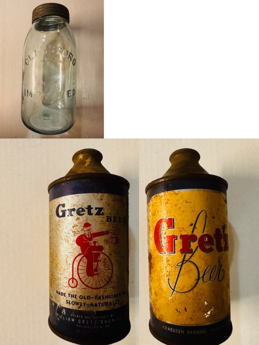 Vintage Glassboro Canning Jar and Vintage Gretz Beer: Vintage Glassboro canning jar and vintage Gretz Beer can, high profile, concave bottom