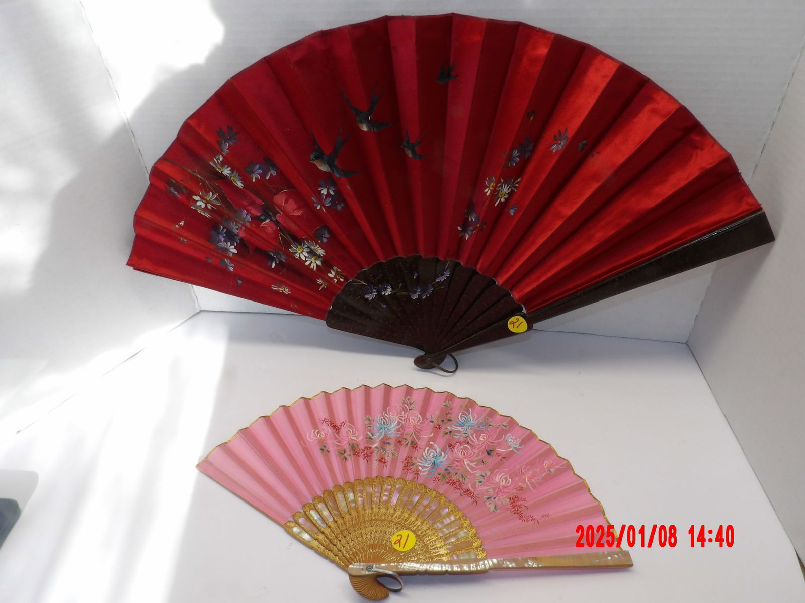 Antique Hand Painted Leather and Satin Fan (1 of 3)