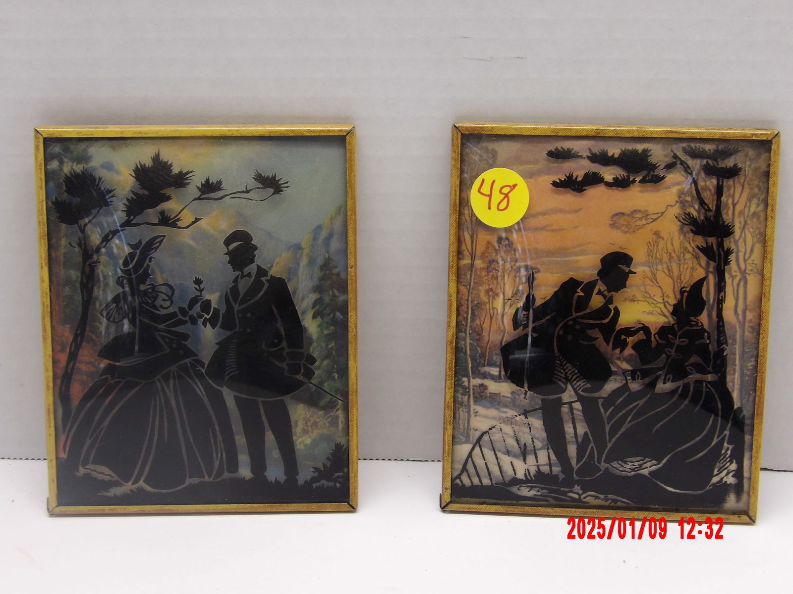 2pc Victorian Reverse Painted Silhouette “Man and Woman” (1 of 1)