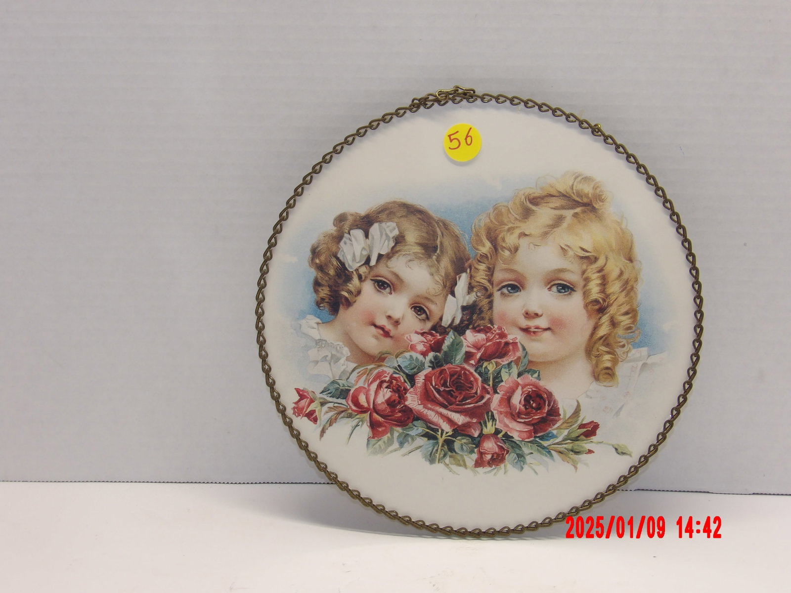 Victorian 9" Decorative Collectible of "Girl's": Flue Cover Round Picture w/ Chain Detail Edging, Glass Covering
