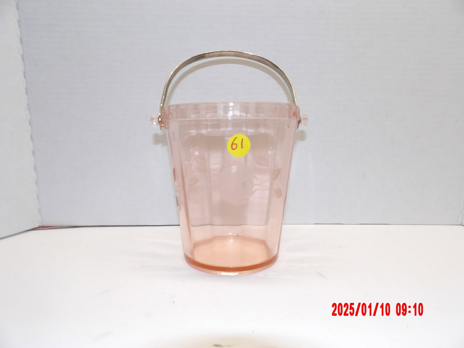 Pink Depression Glass Ice Bucket: Silver Handle w/ Etched Floral Design, Faceted