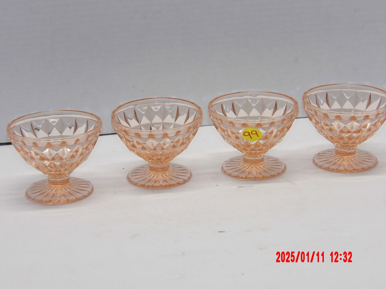 4 PC Pink Depression Diamond Cut Glass Cups (1 of 1)