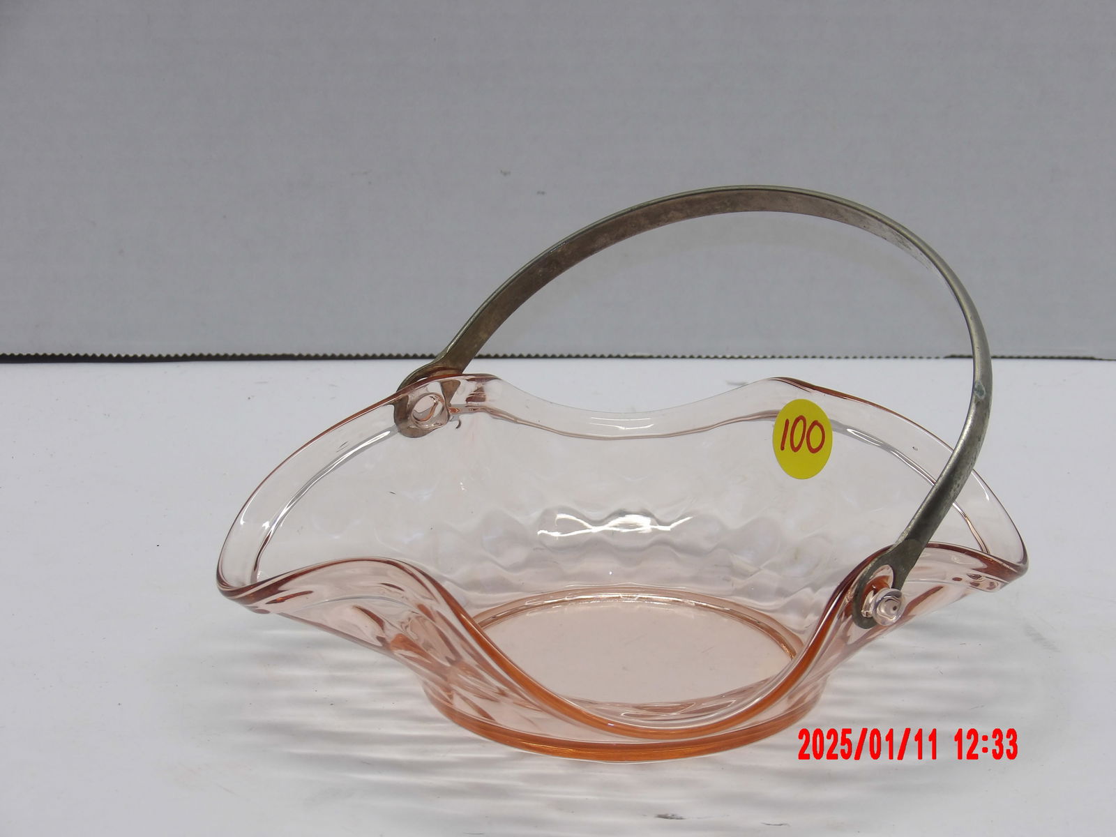 Pink Depression Fenton Glass Basket w/ Metal Handle (1 of 1)