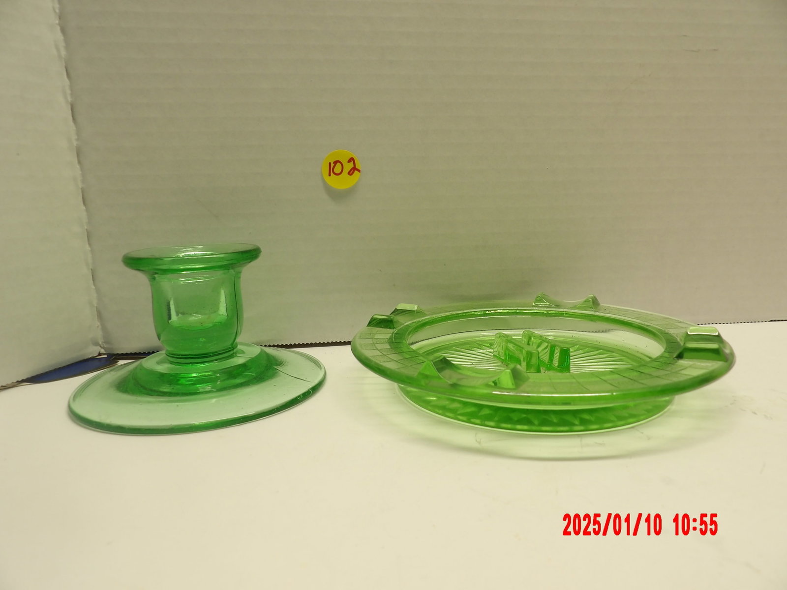 2 PC Green Depression Glas Candle Holder w/ Attached Ashtray: -