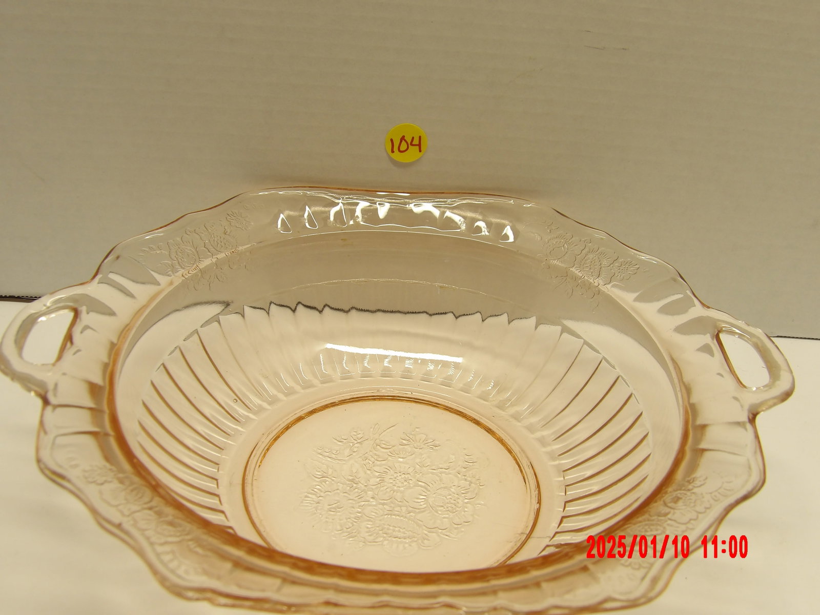 Pink Depression Glass Vegetable Bowl: Open Rose Pattern Design, by Anchor Hocking