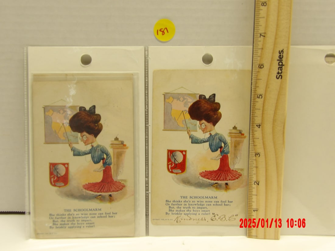 4 Pc Antique Pre-War Era R.Hill Vinegar Valentine Postcards "The Schoolmarm" (1 of 1)