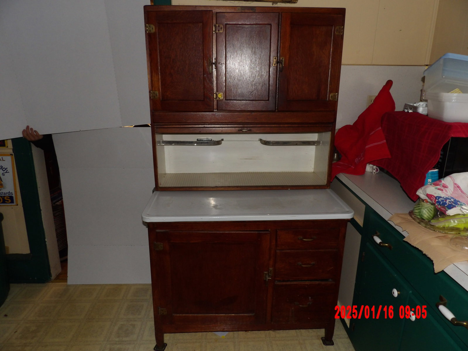 Wooden Hoosier Cabinet w/ Sitter: -