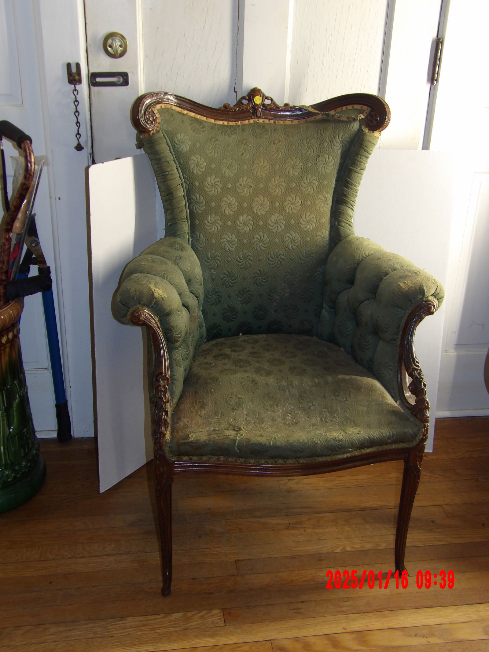 Walnut Upholstered Wingback Armchair: -