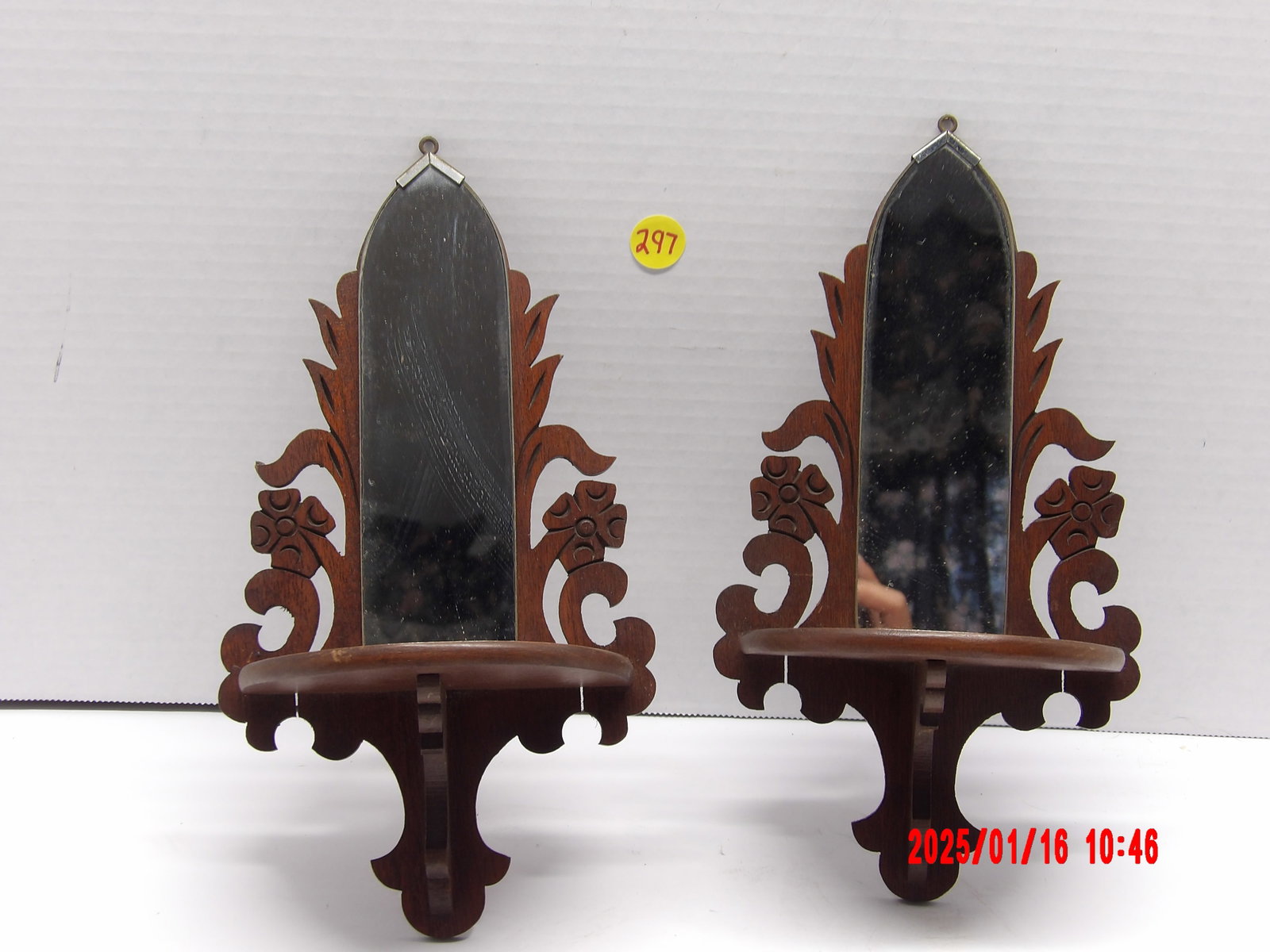 2 Mini Carved Wooden Shelf w/ Arched Mirror: -