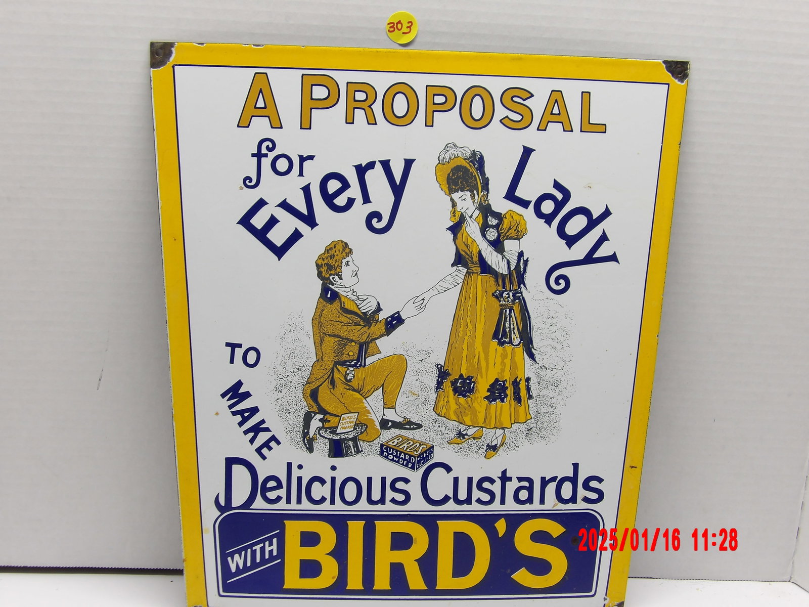 Antique Enamel Ad Sign for Bird's Custard Powder: -