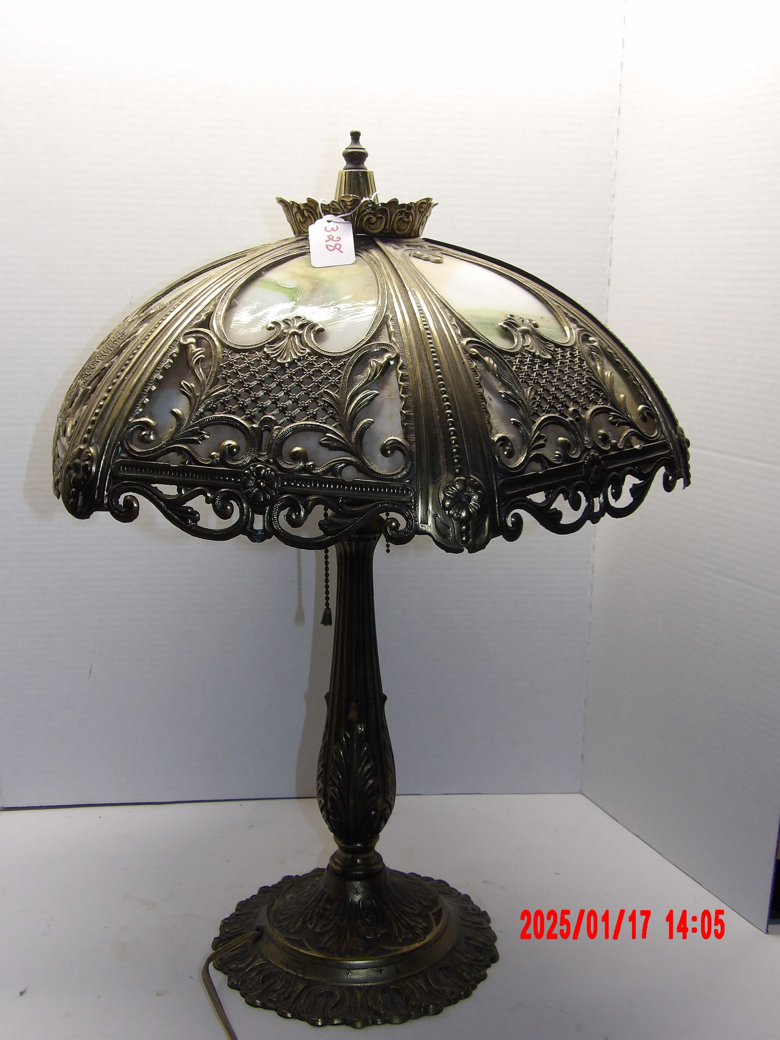 Slag Glass Chaise'd Brass Table Lamp (1 of 4)