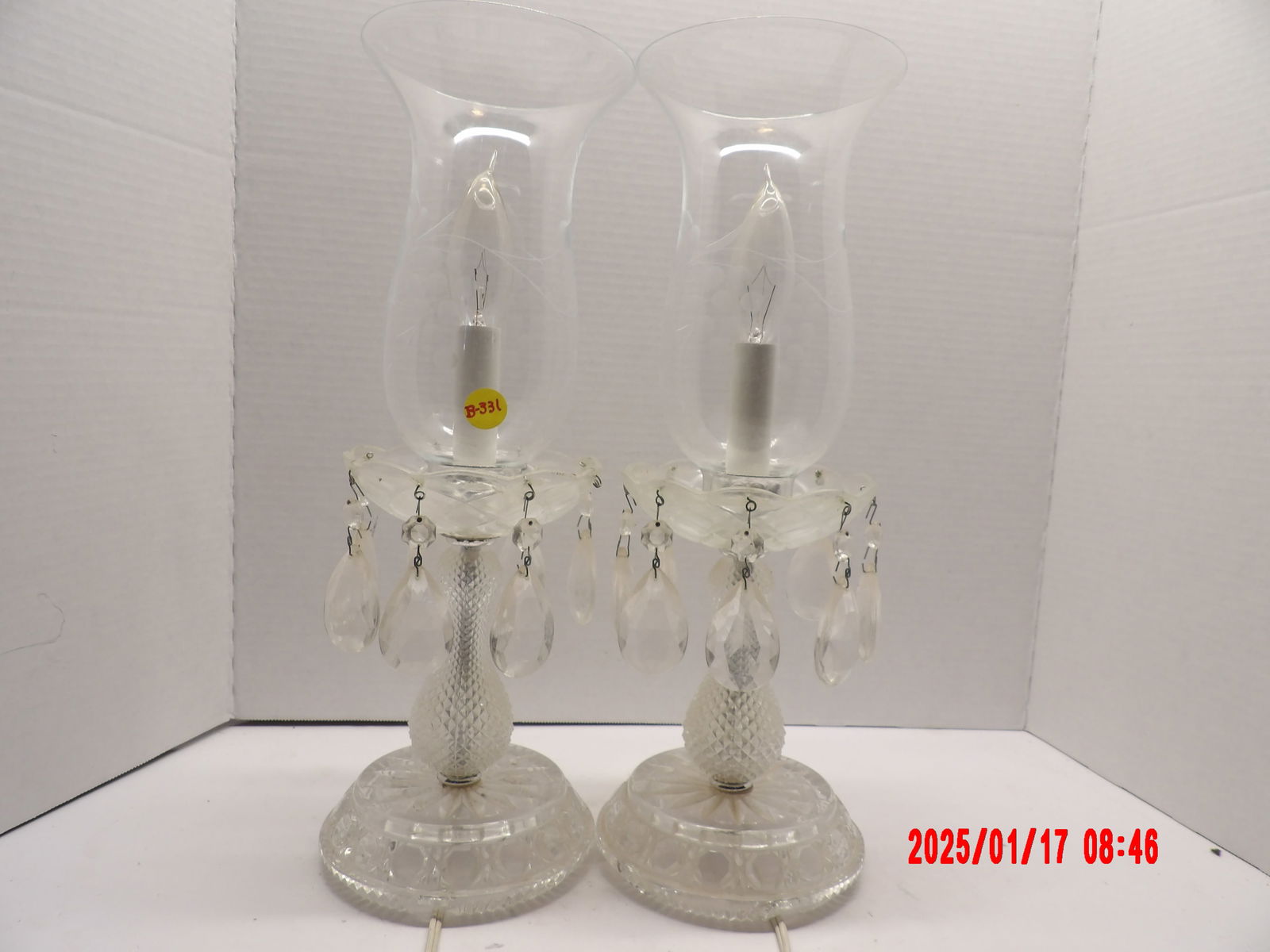 Vintage Pair Crystal Teardrop Boudoir Hurricane Lamps Etched Chimneys (1 of 2)