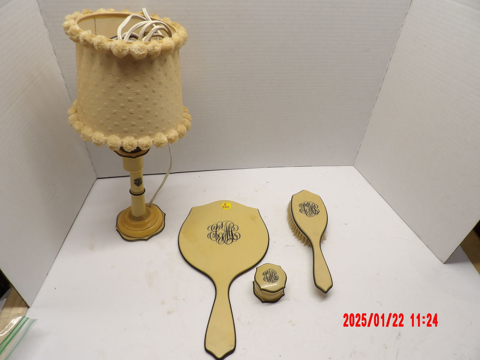 Antique Du Barry Ivory Pyralin Handheld Beveled Mirror, Brush, & Lamp (1 of 3)