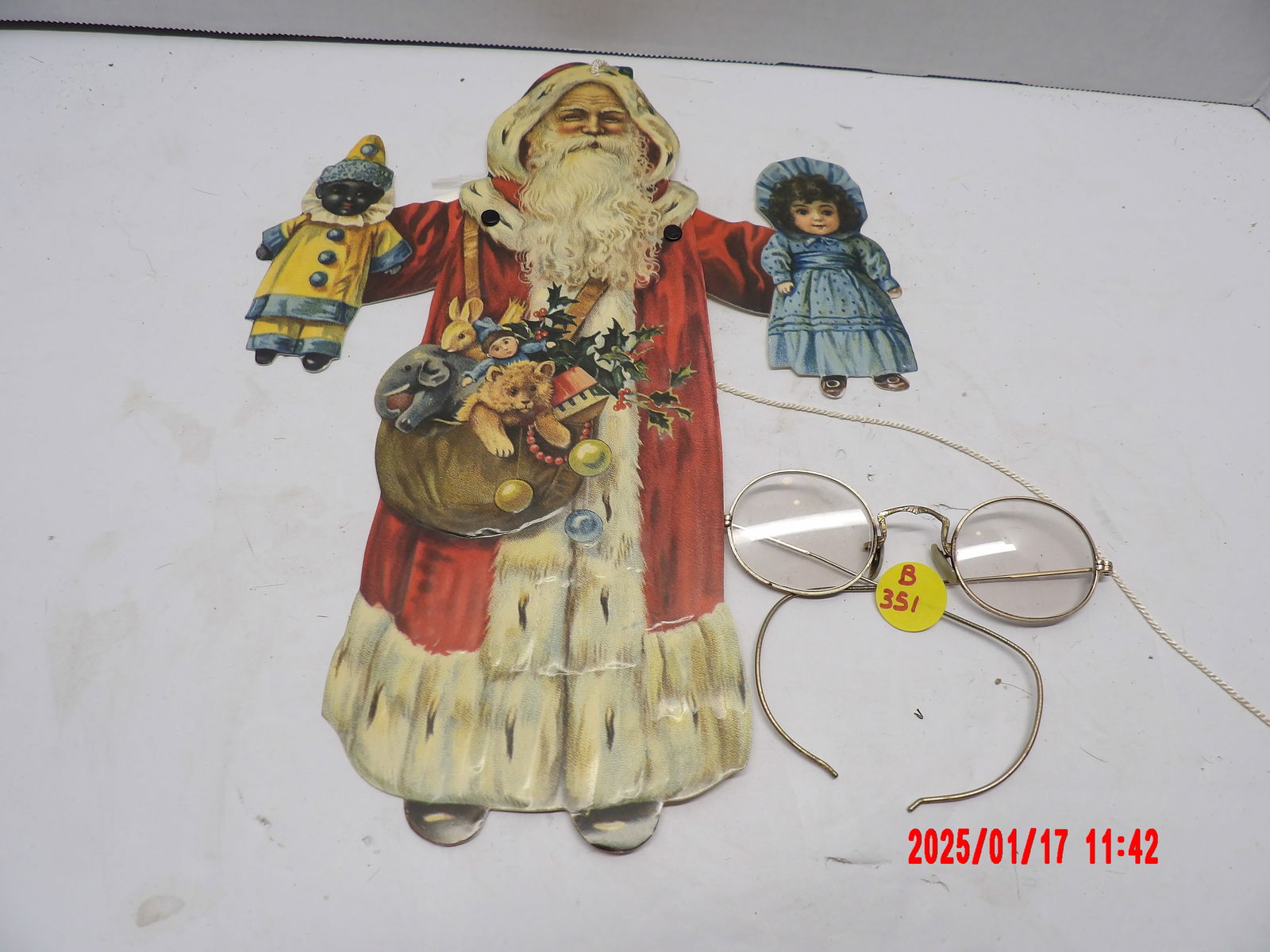 Old Print Factory Victorian Christmas Jumping Jack, Antique Wire Rimmed Glasses: -