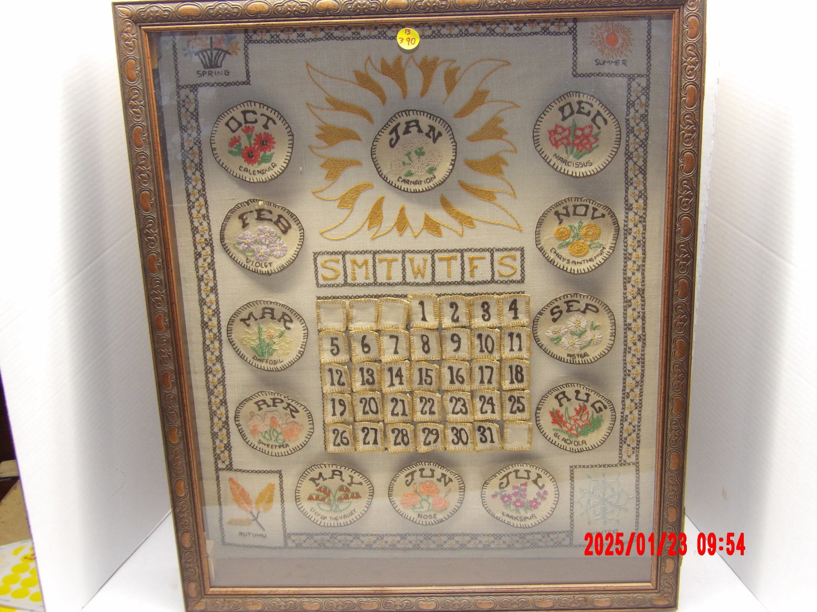 Vintage Perpetual Floral Embroidery Calendar Framed: -