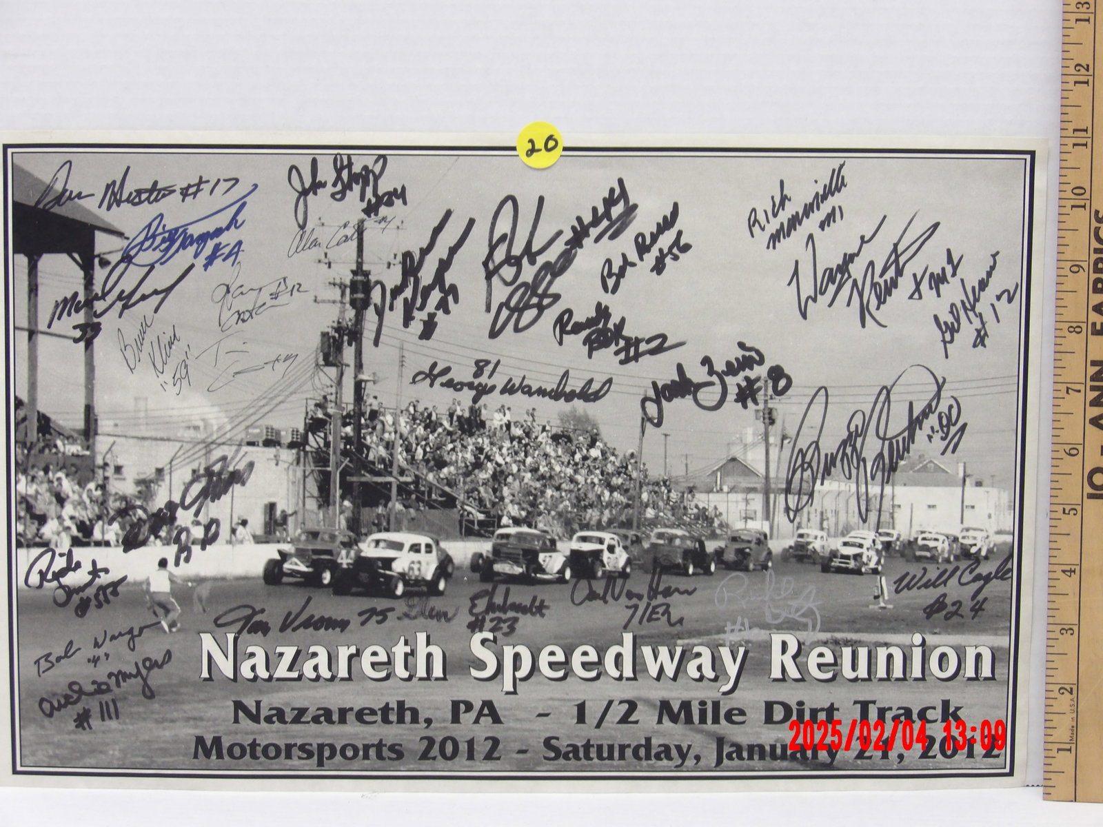 Nazareth Speedway Reunion Autographed Poster (2012) (24" x 18"): Black-and-white commemorative poster from the Nazareth Speedway Reunion, held in 2012. The poster is heavily autographed by various race car drivers and figures associated with the historic track.