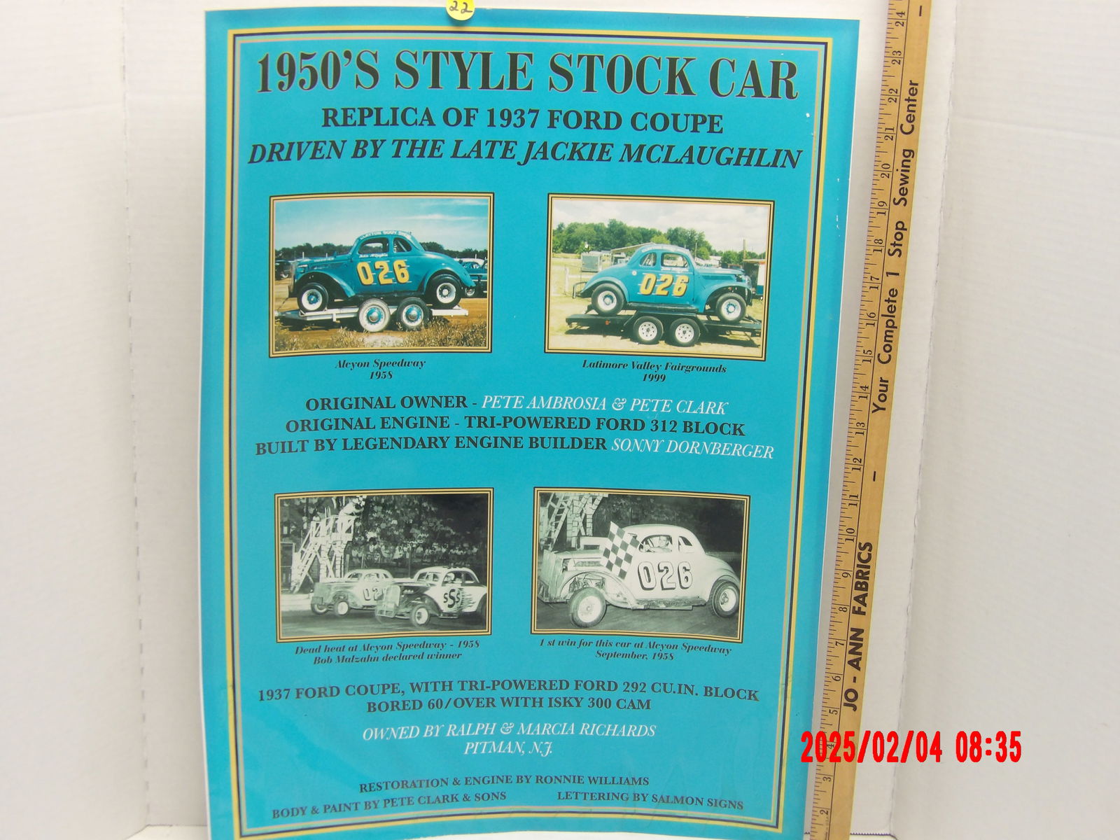 1950s Style Stock Car Tribute Poster (Jackie McLaughlin’s 1937 Ford Coupe) (24" x 18"): This tribute poster commemorates the legacy of Jackie McLaughlin, a notable driver in modified stock car racing history. This commemorative poster is dedicated to a replica of Jackie McLaughlin’s 19