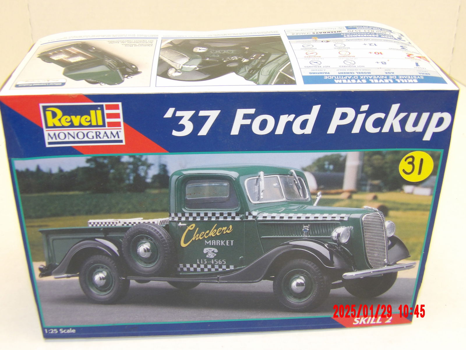 Revell Monogram 1937 Ford Pickup truck 1/25 scale model kit: This Revell Monogram '37 Ford Pickup model kit is a vintage-style plastic model, allowing for detailed assembly. The "Checkers Market" design and checkerboard stripe suggest a customized or themed ver